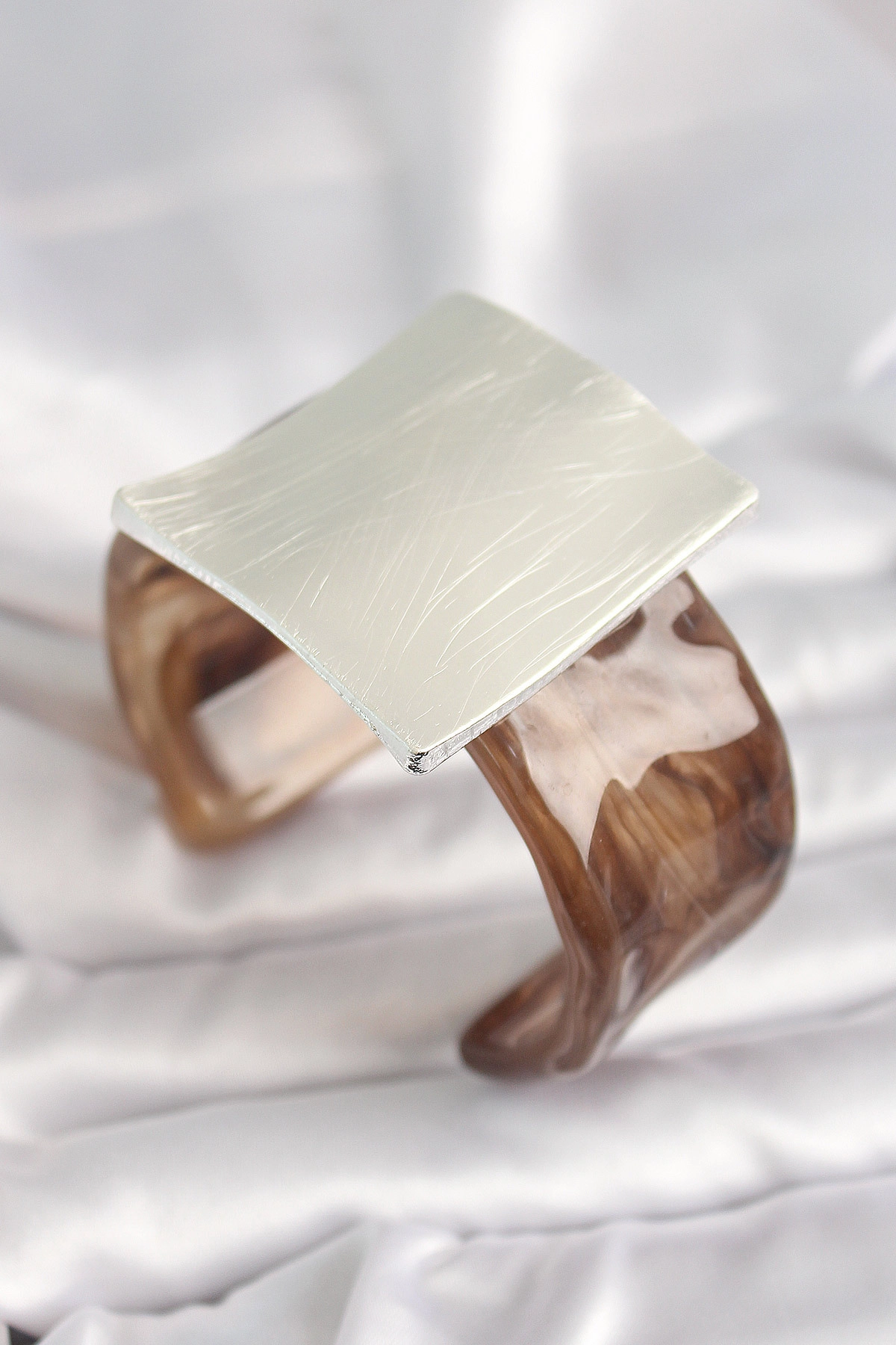 Kahverengi Mermer Desen Akrilik Plastik Gümüş Kare Plaka Model Vintage Kadın Bilezik-0