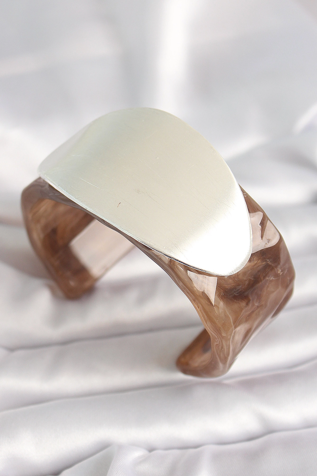 Kahverengi Mermer Desen Akrilik Plastik Gümüş Oval Plaka Model Vintage Kadın Bilezik-0