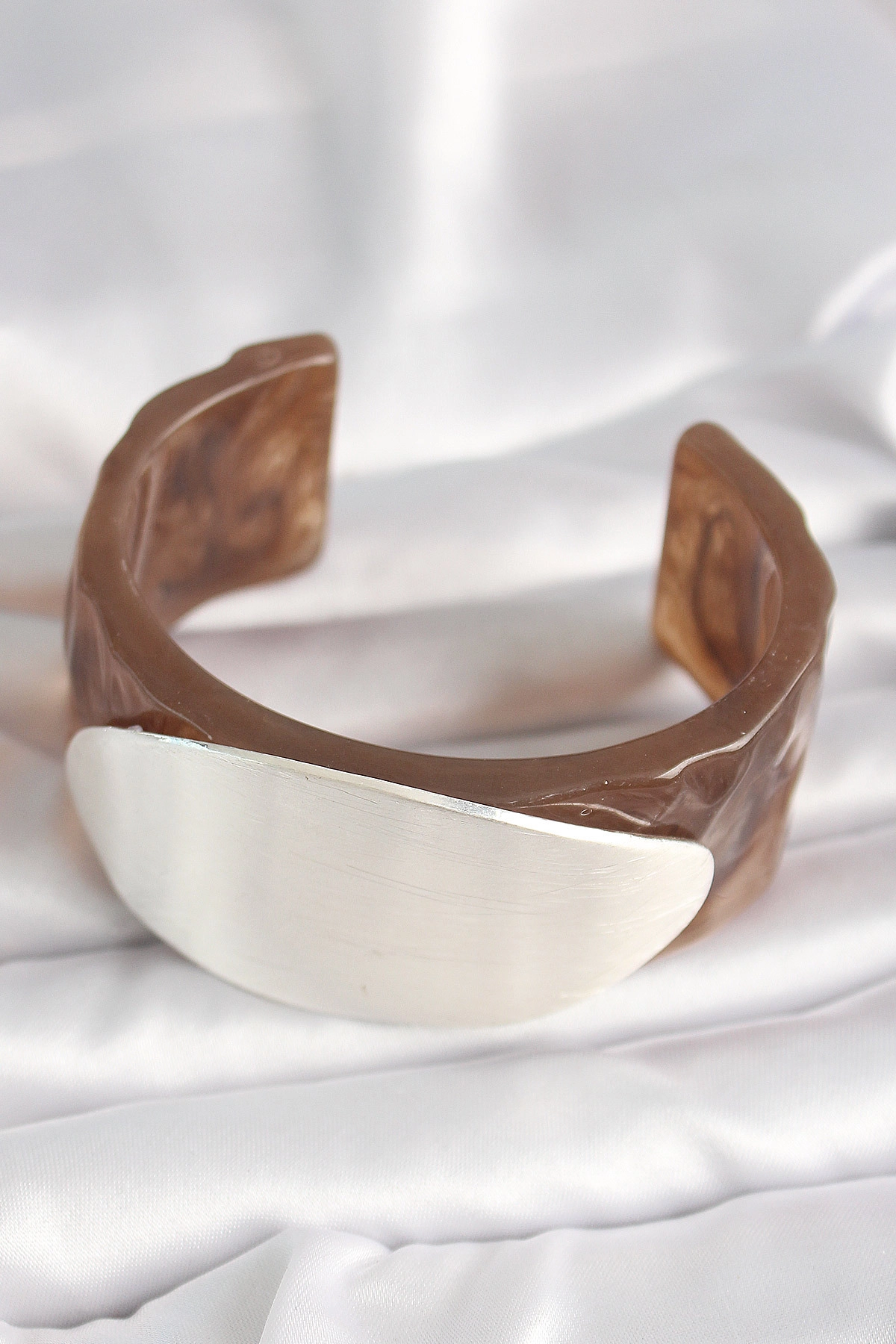 Kahverengi Mermer Desen Akrilik Plastik Gümüş Oval Plaka Model Vintage Kadın Bilezik-1