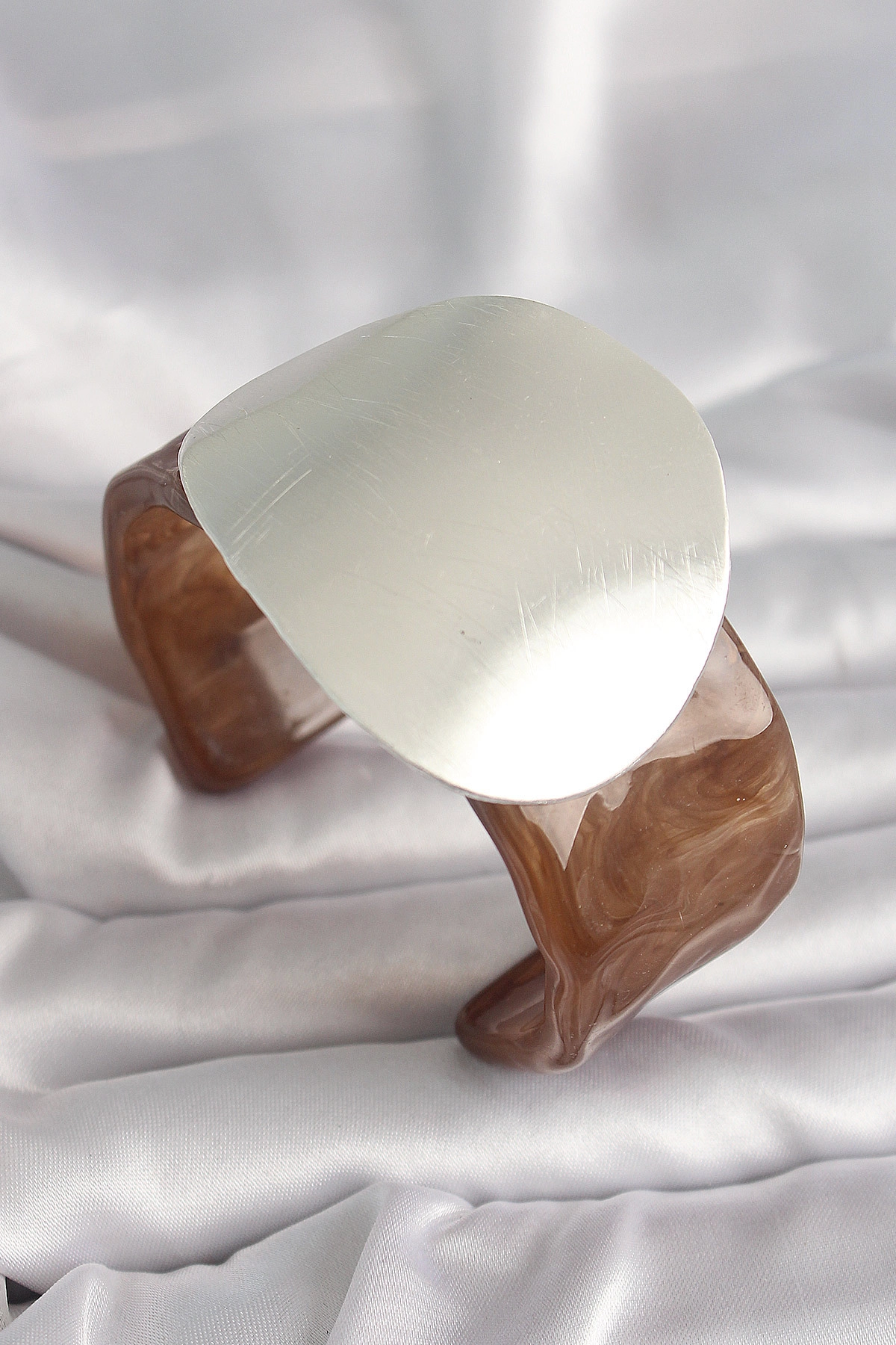 Kahverengi Mermer Desen Akrilik Plastik Gümüş Plaka Model Vintage Kadın Bilezik-0