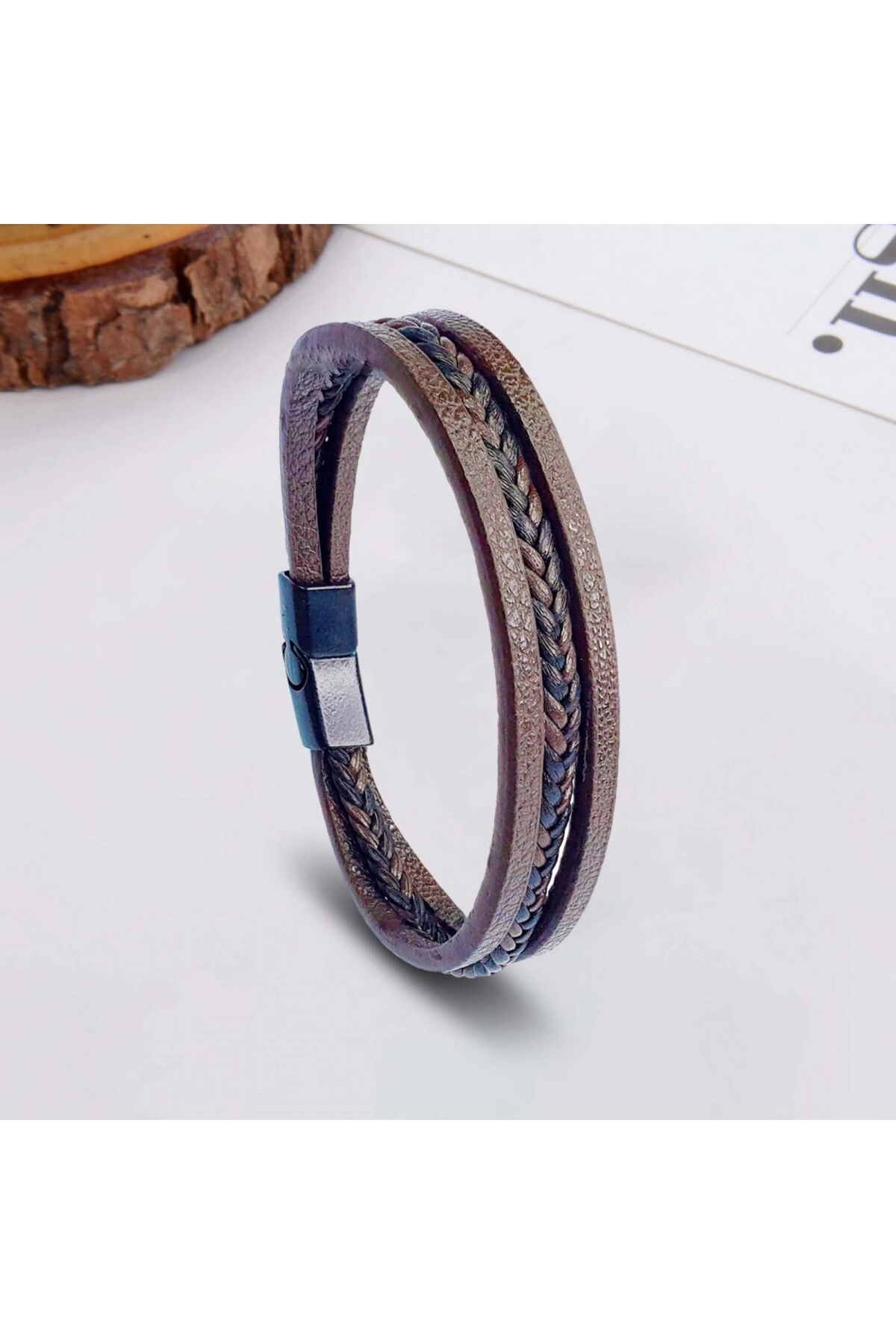 Kahverengi Siyah Saç Örgü Ve Çelik Bileklik-1