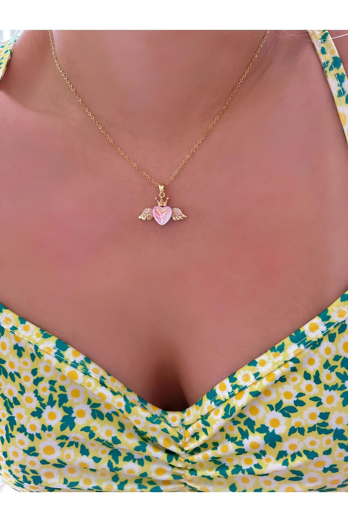 Kanatlı Pembe Kalp Kolye | 316l Çelik - Kararmaz | Hediye Kadın-0
