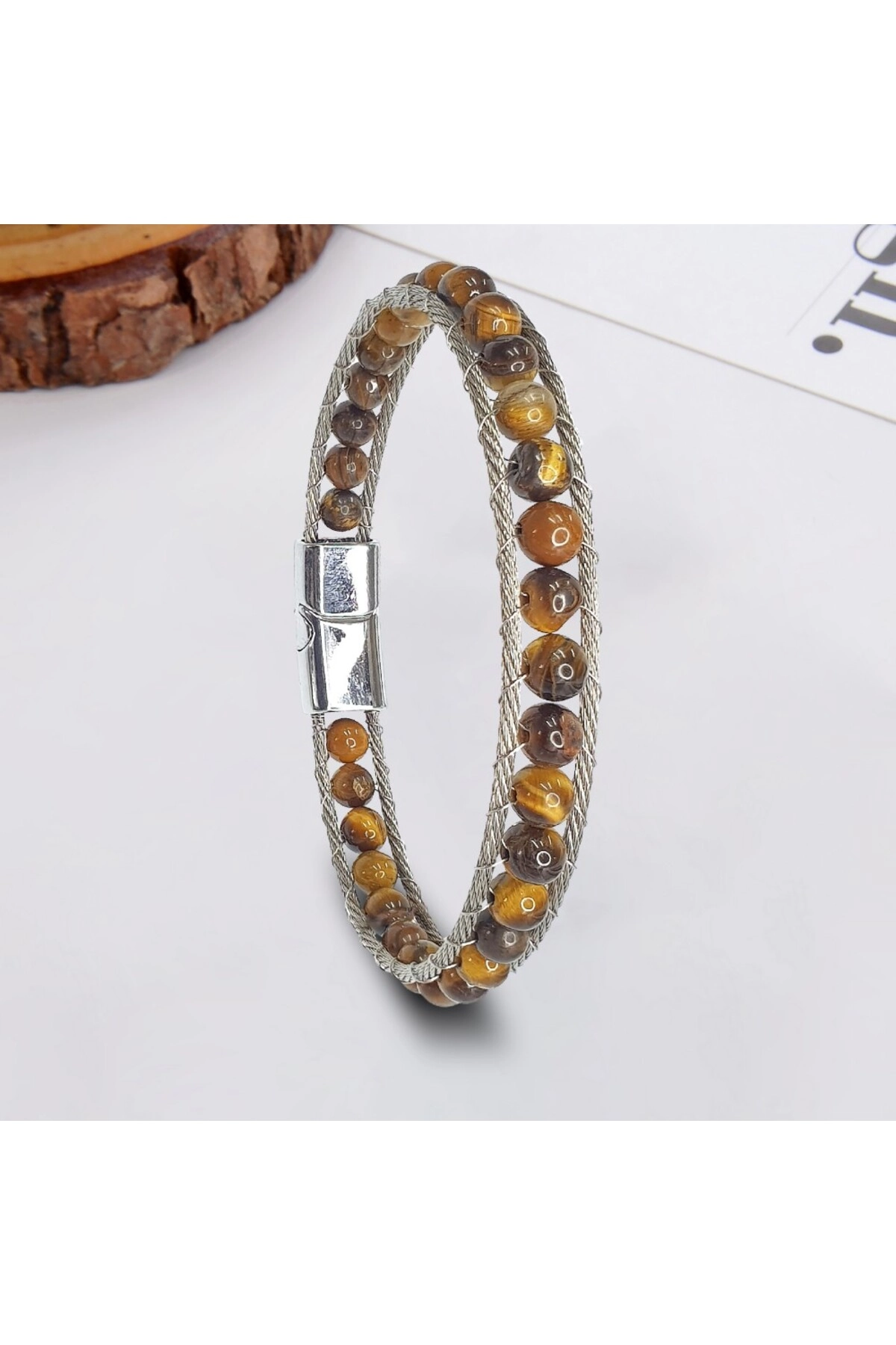 Kaplan Gözü Doğaltaş Çelik Halatlı Bileklik 21cm | 316l Çelik - Kararmaz | Hediye Paketi-0