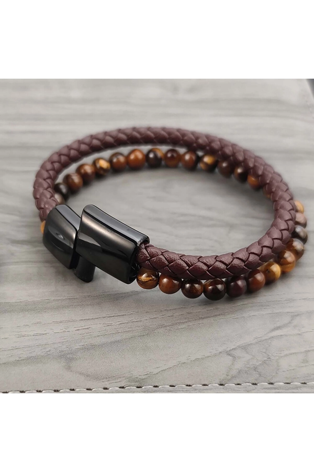 Kaplan Gözü Doğaltaş Deri Erkek Bileklik-3