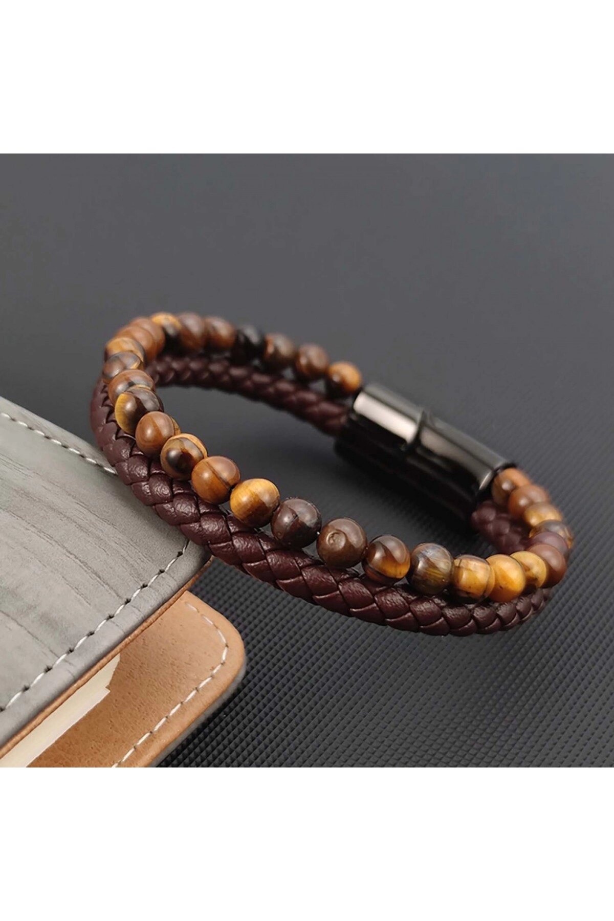 Kaplan Gözü Doğaltaş Deri Erkek Bileklik-2