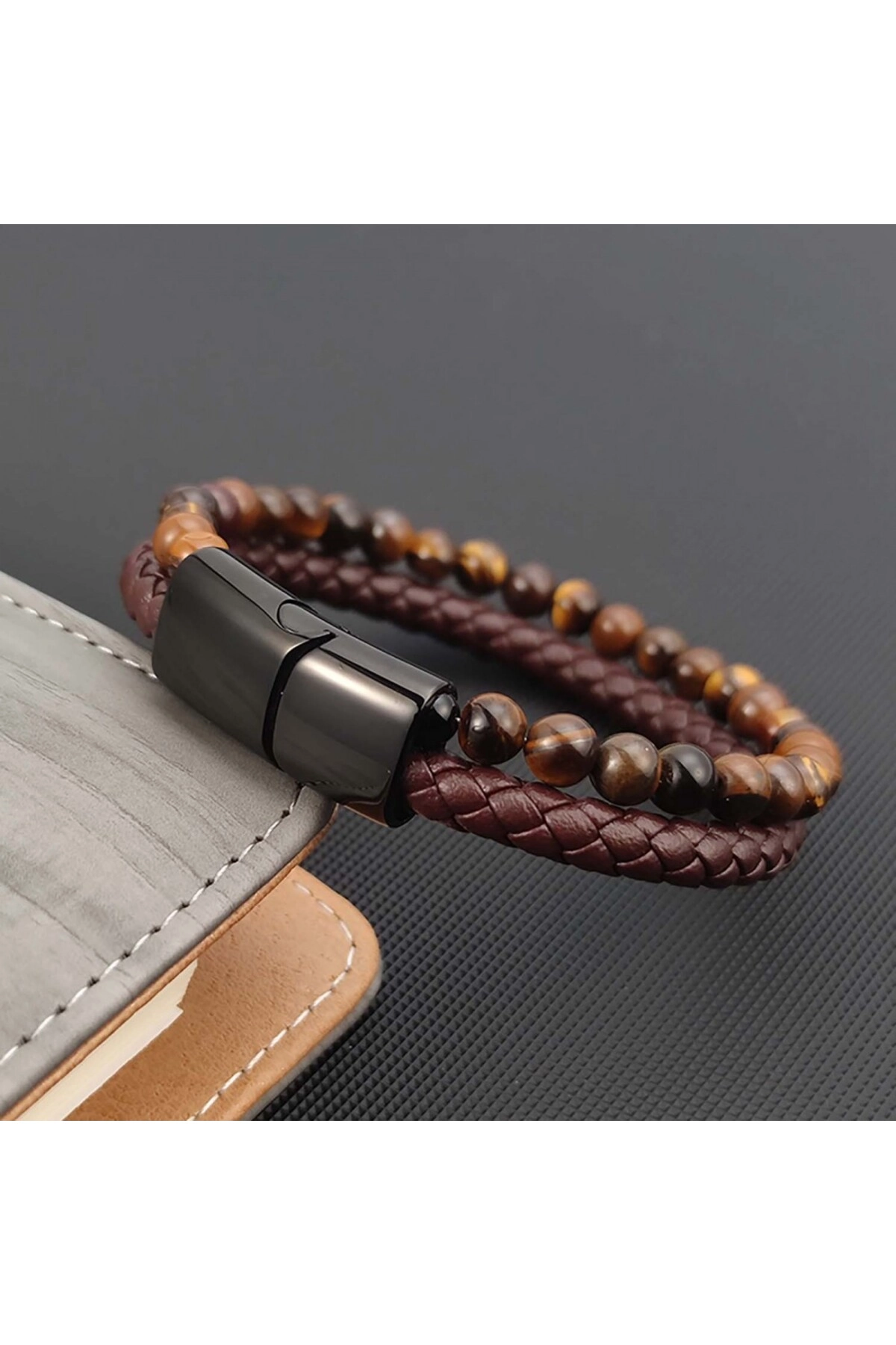 Kaplan Gözü Doğaltaş Deri Erkek Bileklik-4