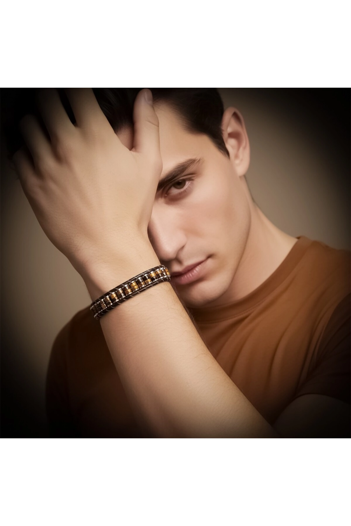 Kaplan Gözü Hematit Çelik Örgülü Deri Bileklik-1