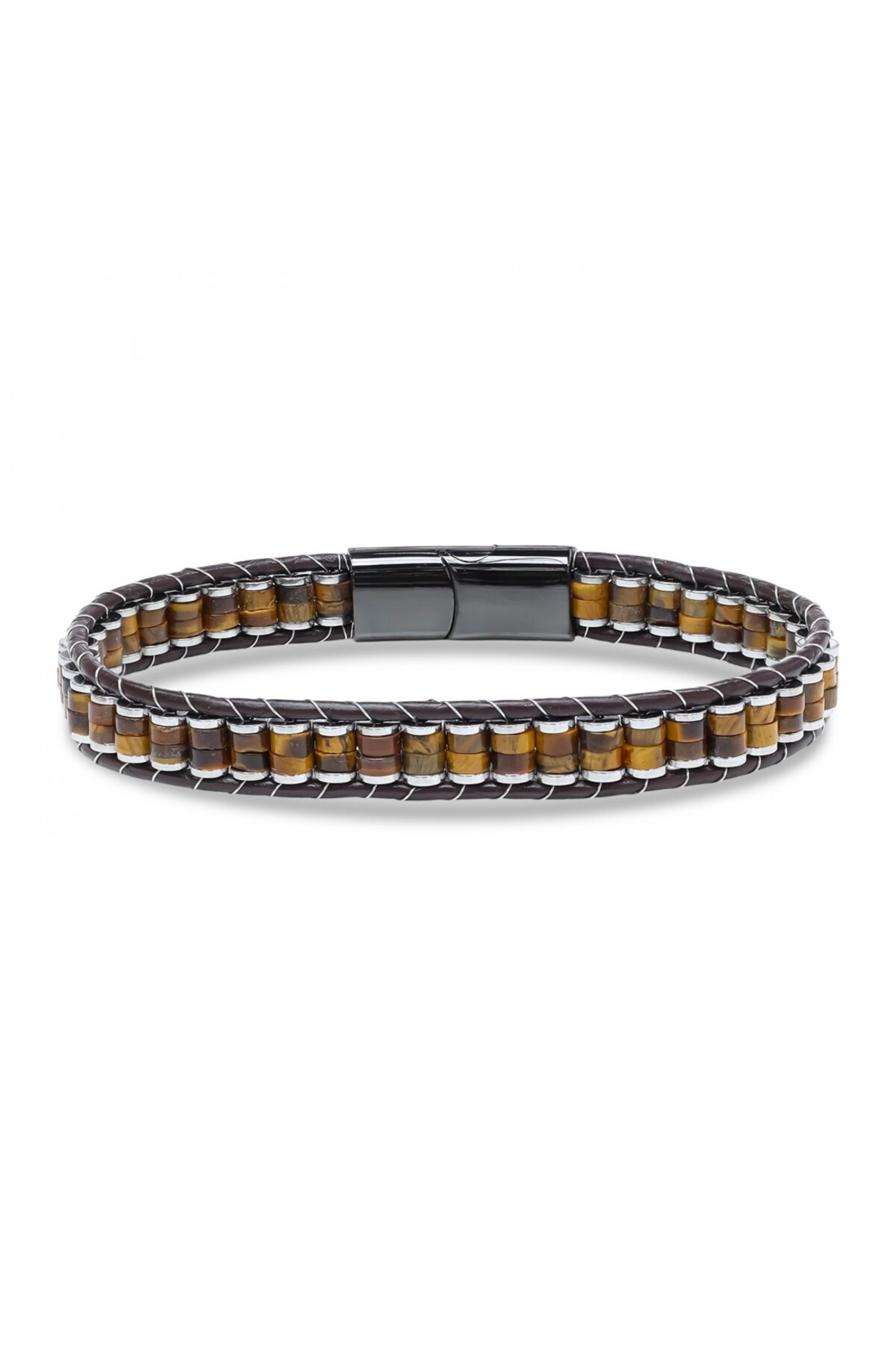 Kaplan Gözü Hematit Çelik Örgülü Deri Bileklik-3