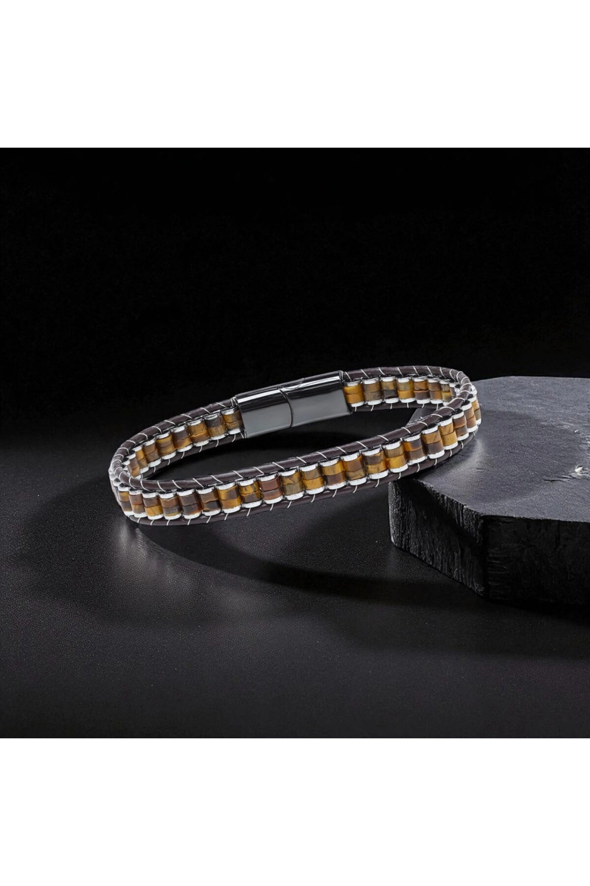 Kaplan Gözü Hematit Çelik Örgülü Deri Bileklik-2