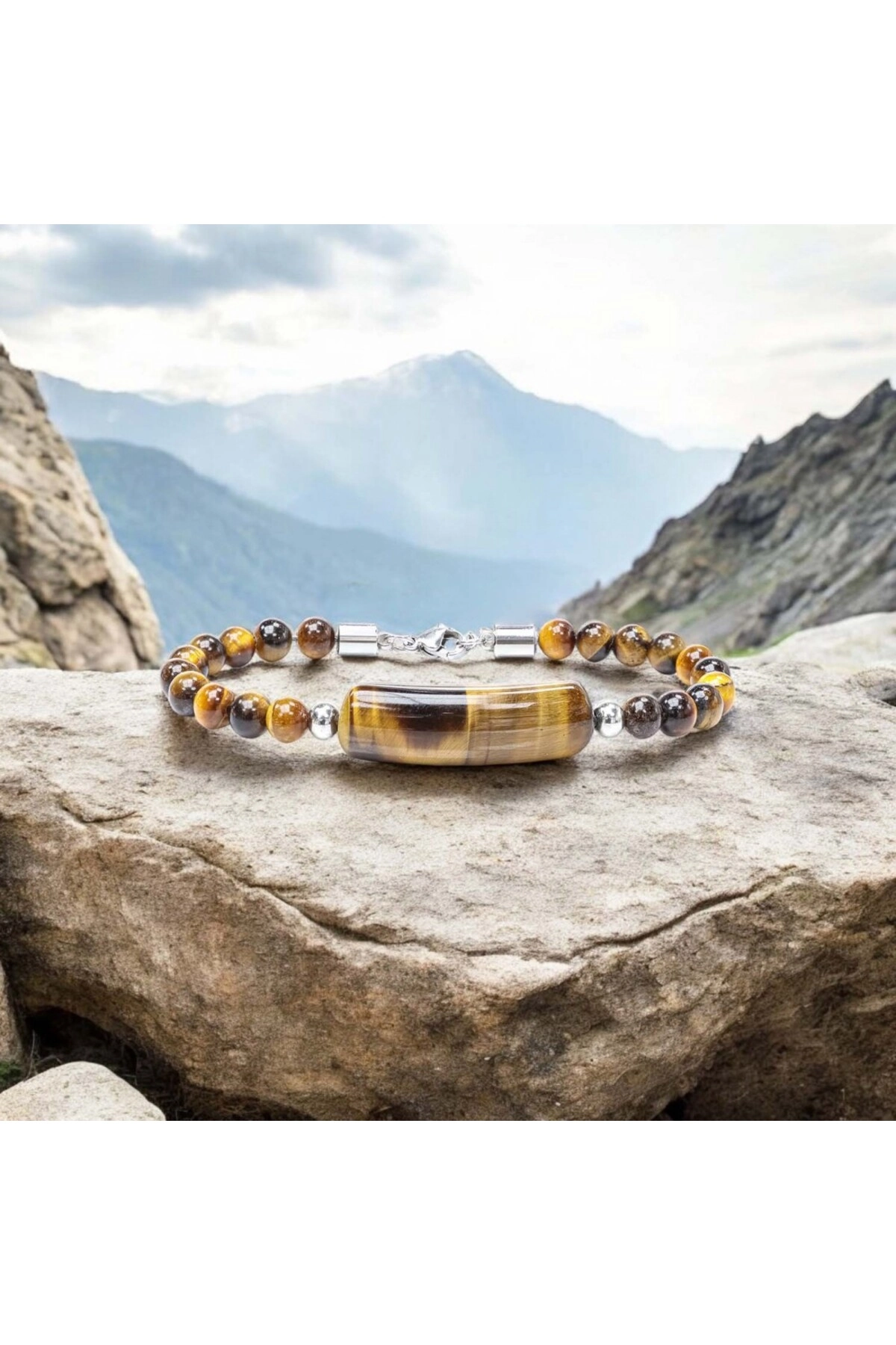 Kaplan Gözü Taşlı Çelik Halat Ve Çelik Klipsli Bileklik-2