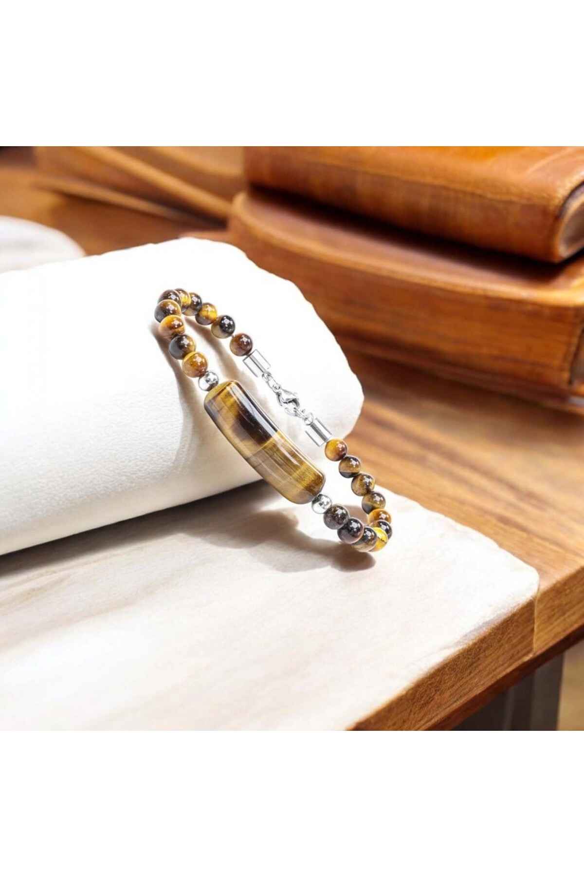 Kaplan Gözü Taşlı Çelik Halat Ve Çelik Klipsli Bileklik-3