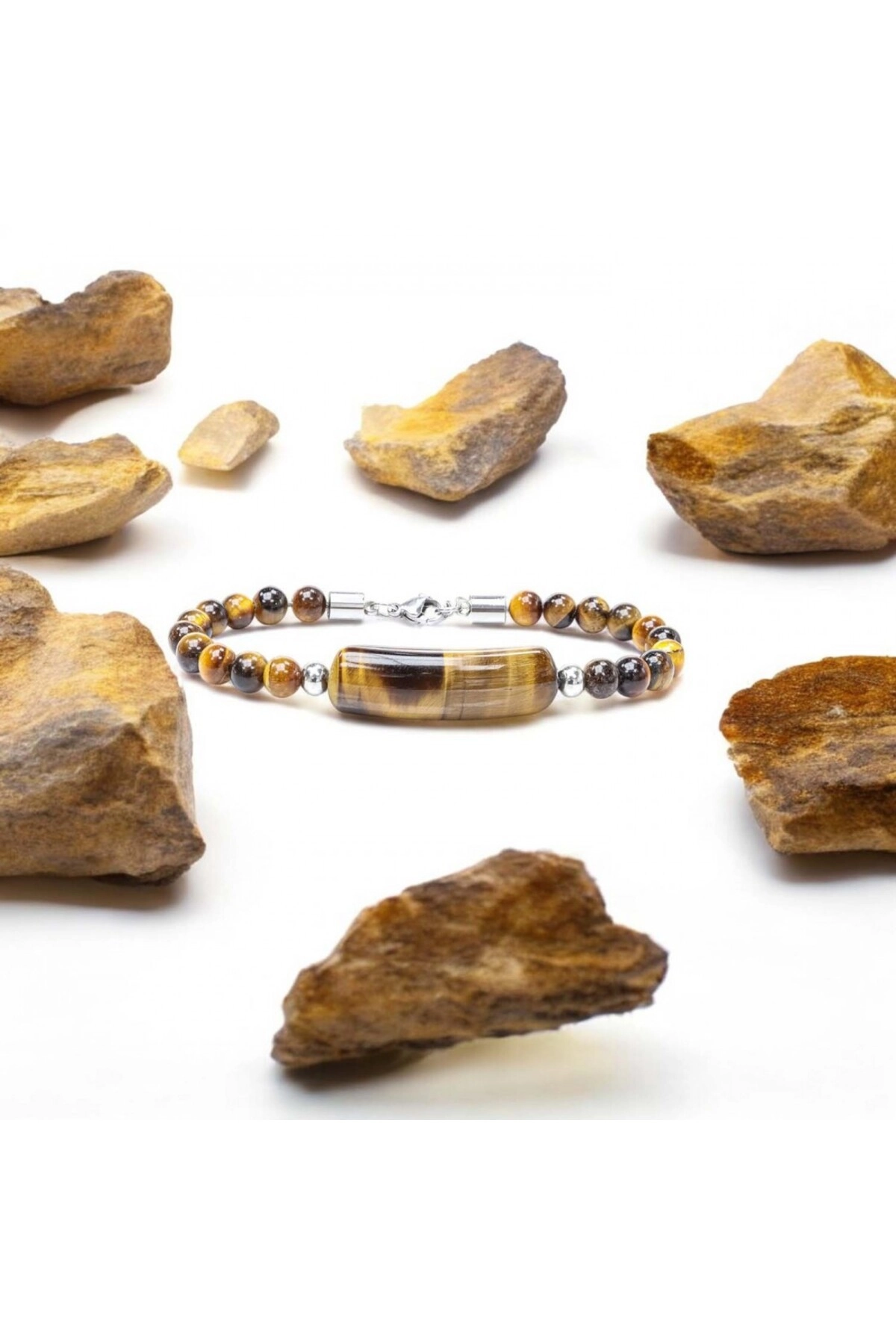 Kaplan Gözü Taşlı Çelik Halat Ve Çelik Klipsli Bileklik-4