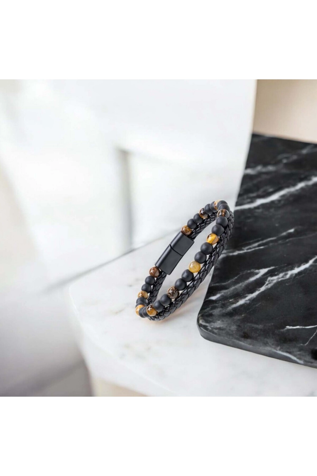 Kaplan Gözü Ve Oniks Doğaltaş Deri Çelik Bileklik-3