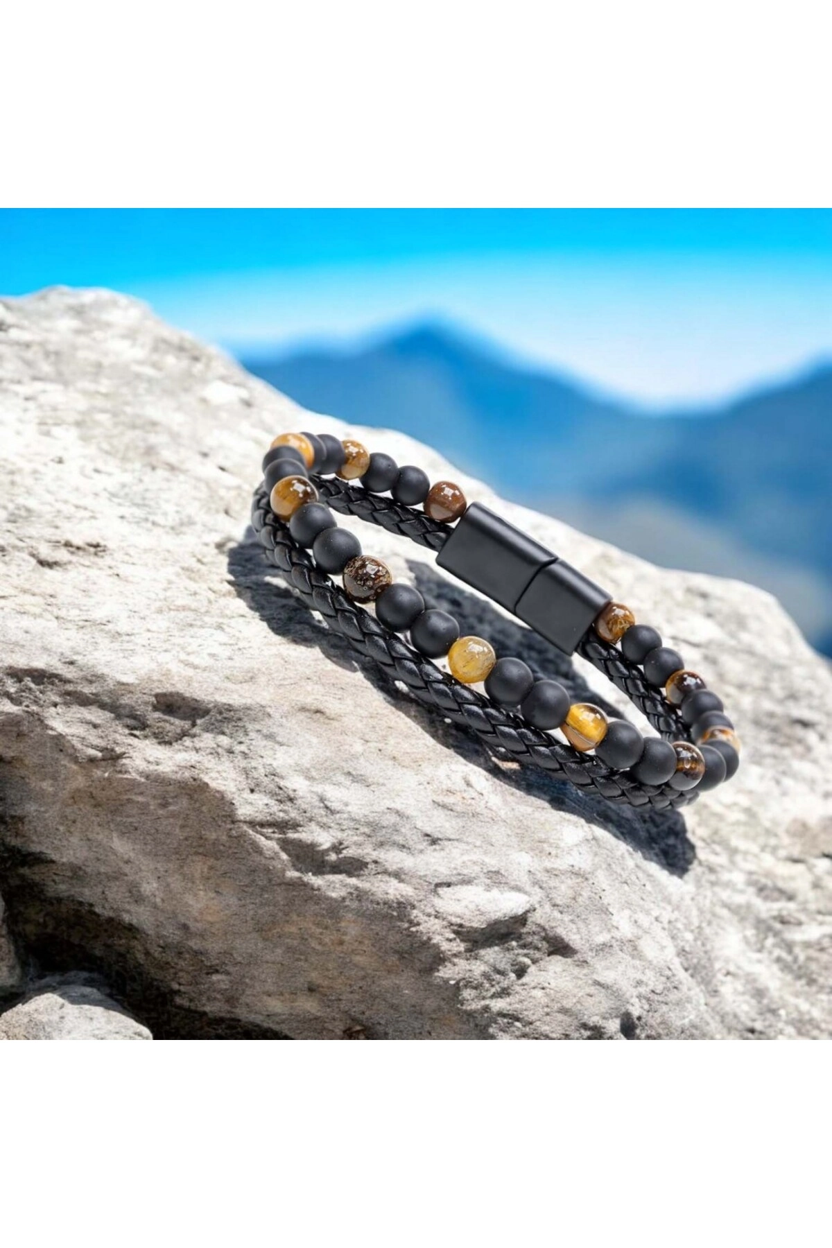 Kaplan Gözü Ve Oniks Doğaltaş Deri Çelik Bileklik-4