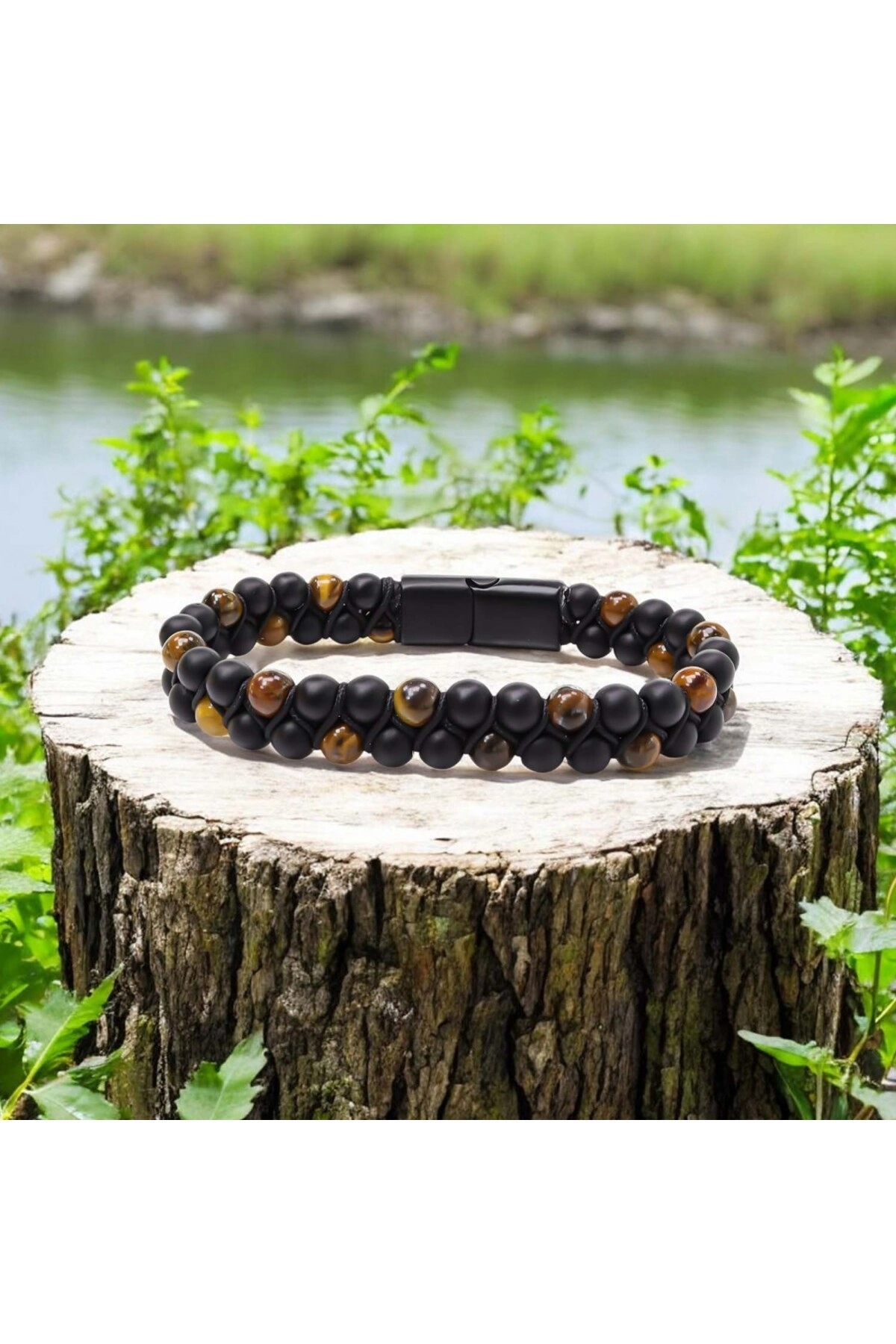 Kaplan Gözü Ve Oniks Doğaltaş Ve Çelik Halatlı Erkek Bileklik-2