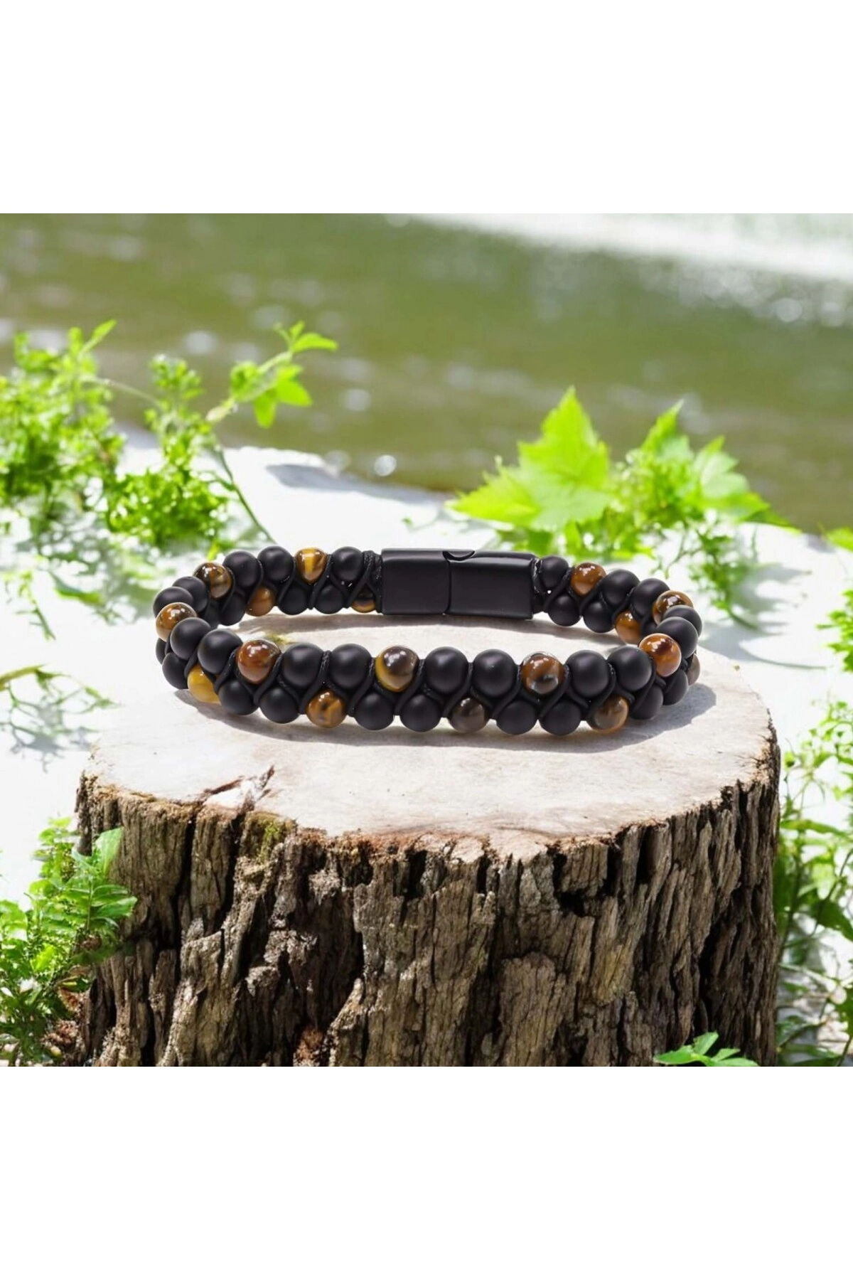 Kaplan Gözü Ve Oniks Doğaltaş Ve Çelik Halatlı Erkek Bileklik-6