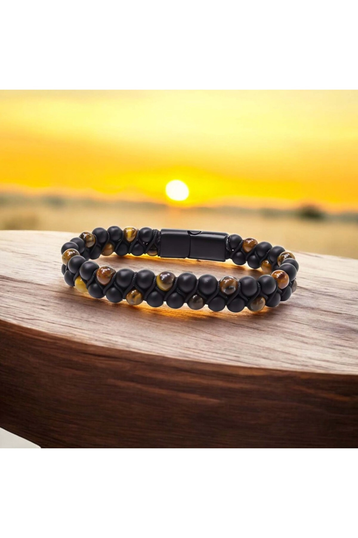 Kaplan Gözü Ve Oniks Doğaltaş Ve Çelik Halatlı Erkek Bileklik-7