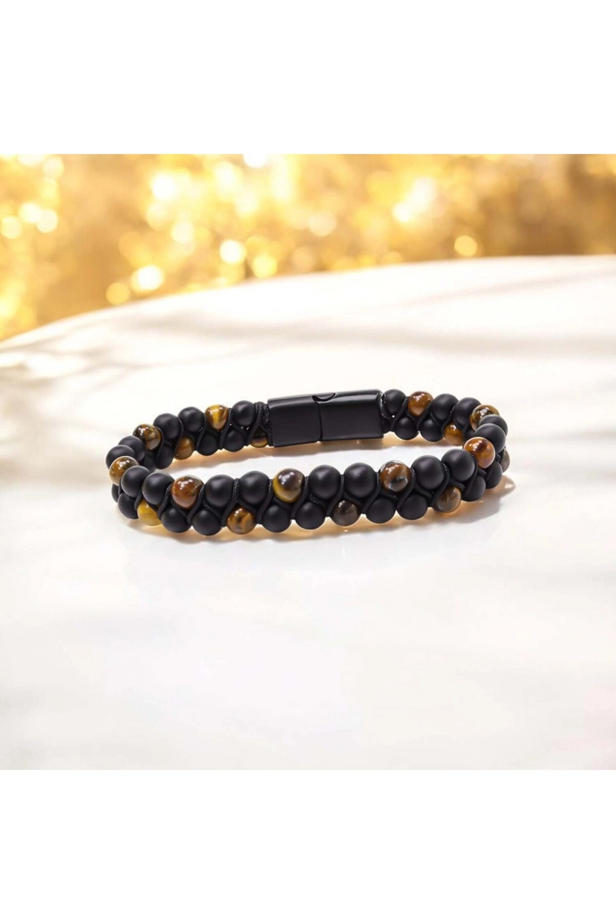 Kaplan Gözü Ve Oniks Doğaltaş Ve Çelik Halatlı Erkek Bileklik-1