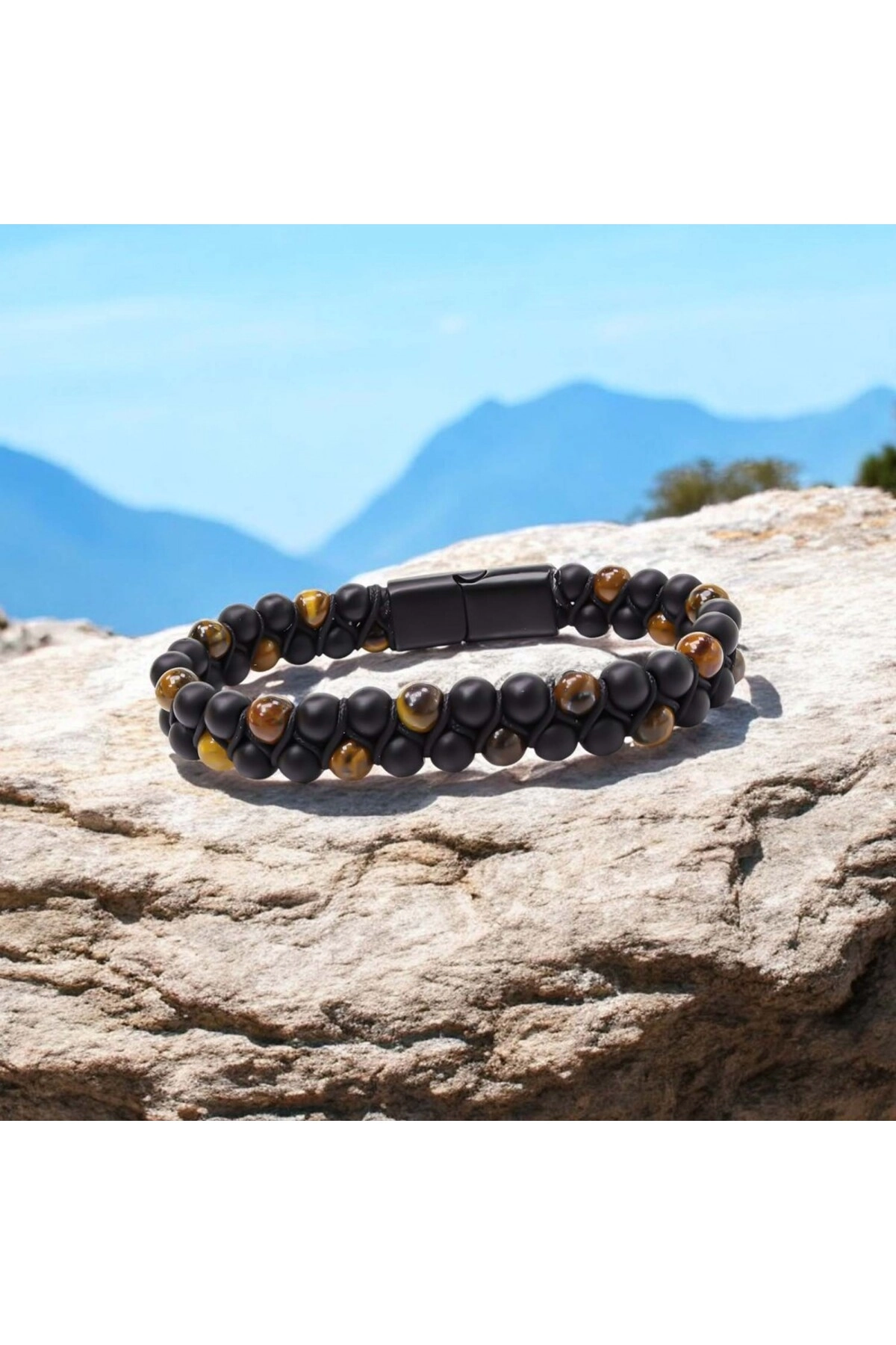 Kaplan Gözü Ve Oniks Doğaltaş Ve Çelik Halatlı Erkek Bileklik-3