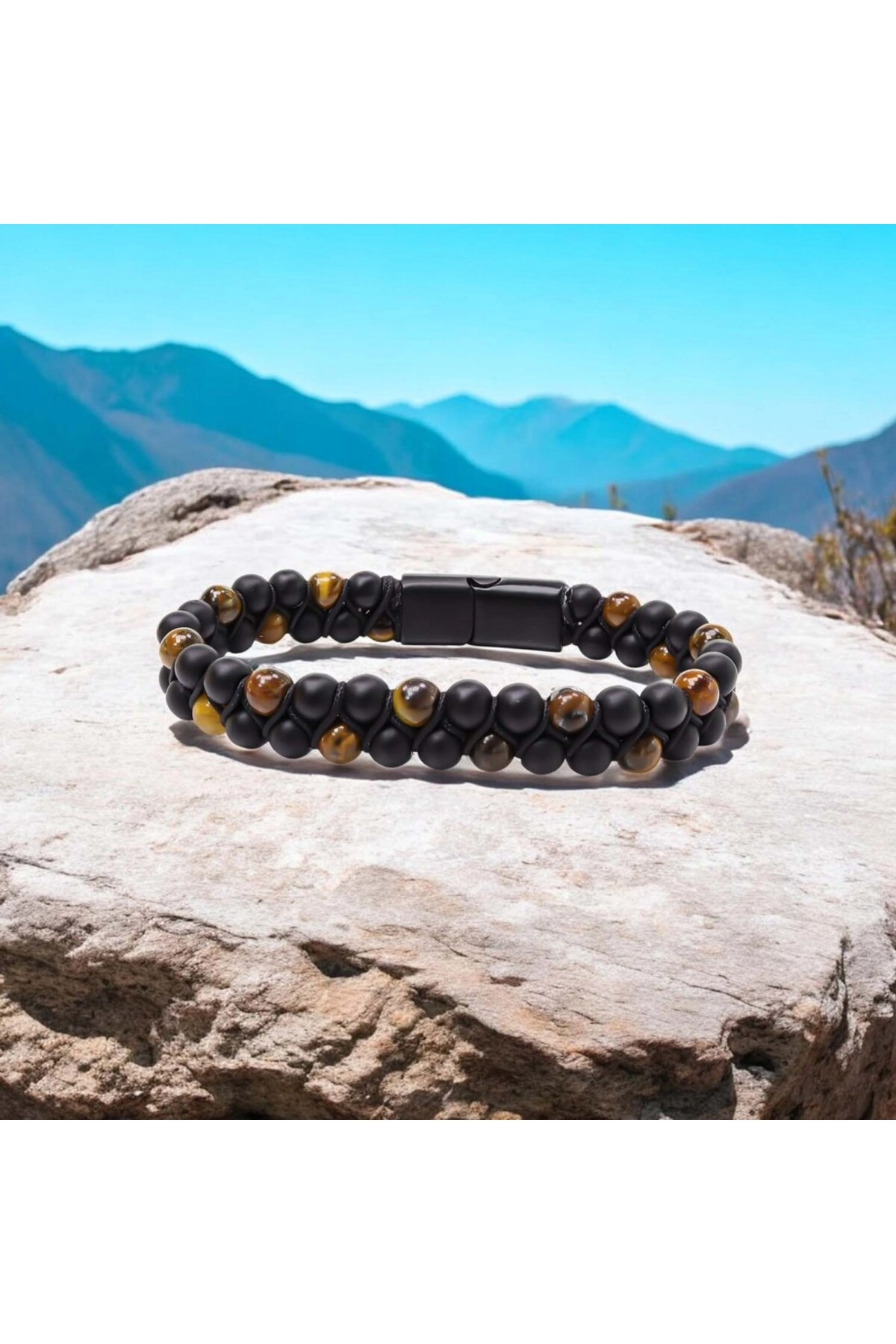 Kaplan Gözü Ve Oniks Doğaltaş Ve Çelik Halatlı Erkek Bileklik-4