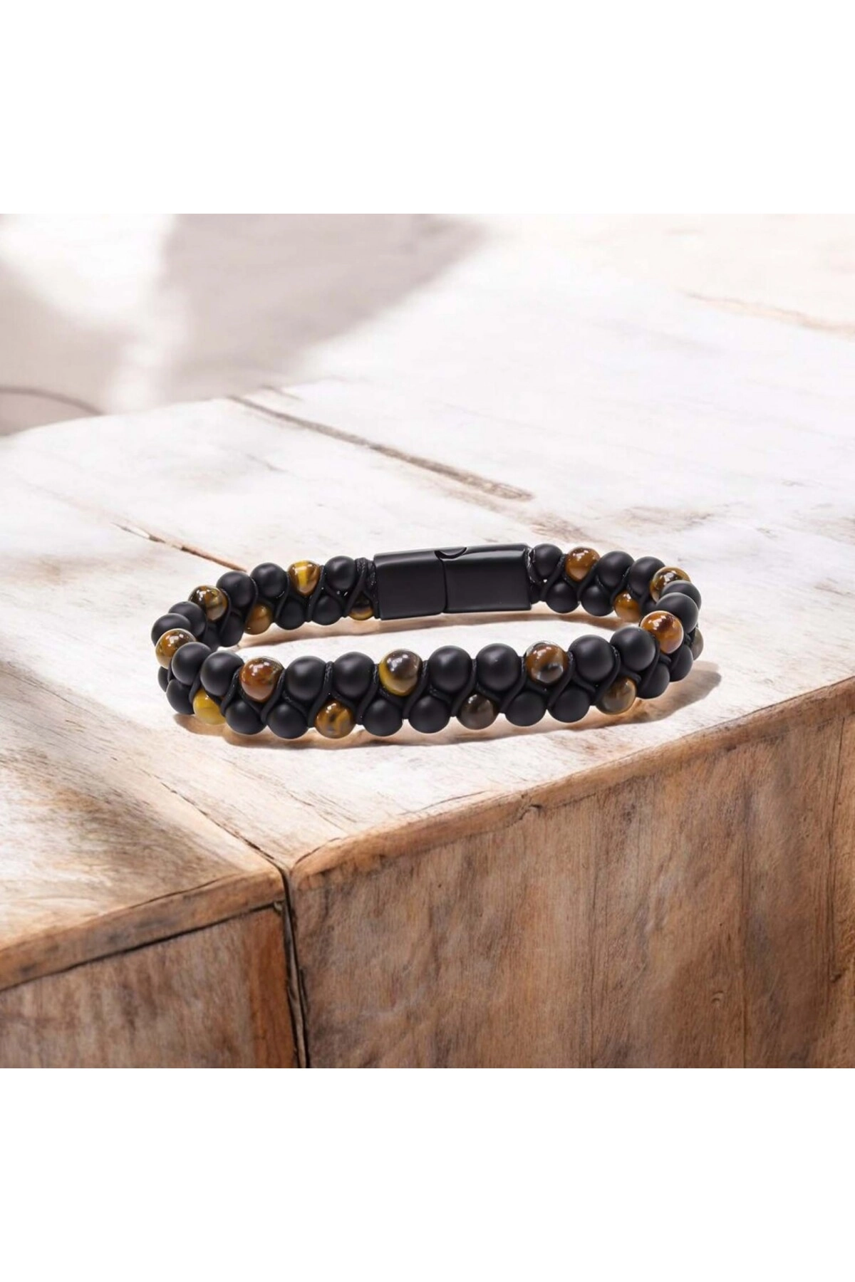 Kaplan Gözü Ve Oniks Doğaltaş Ve Çelik Halatlı Erkek Bileklik-5