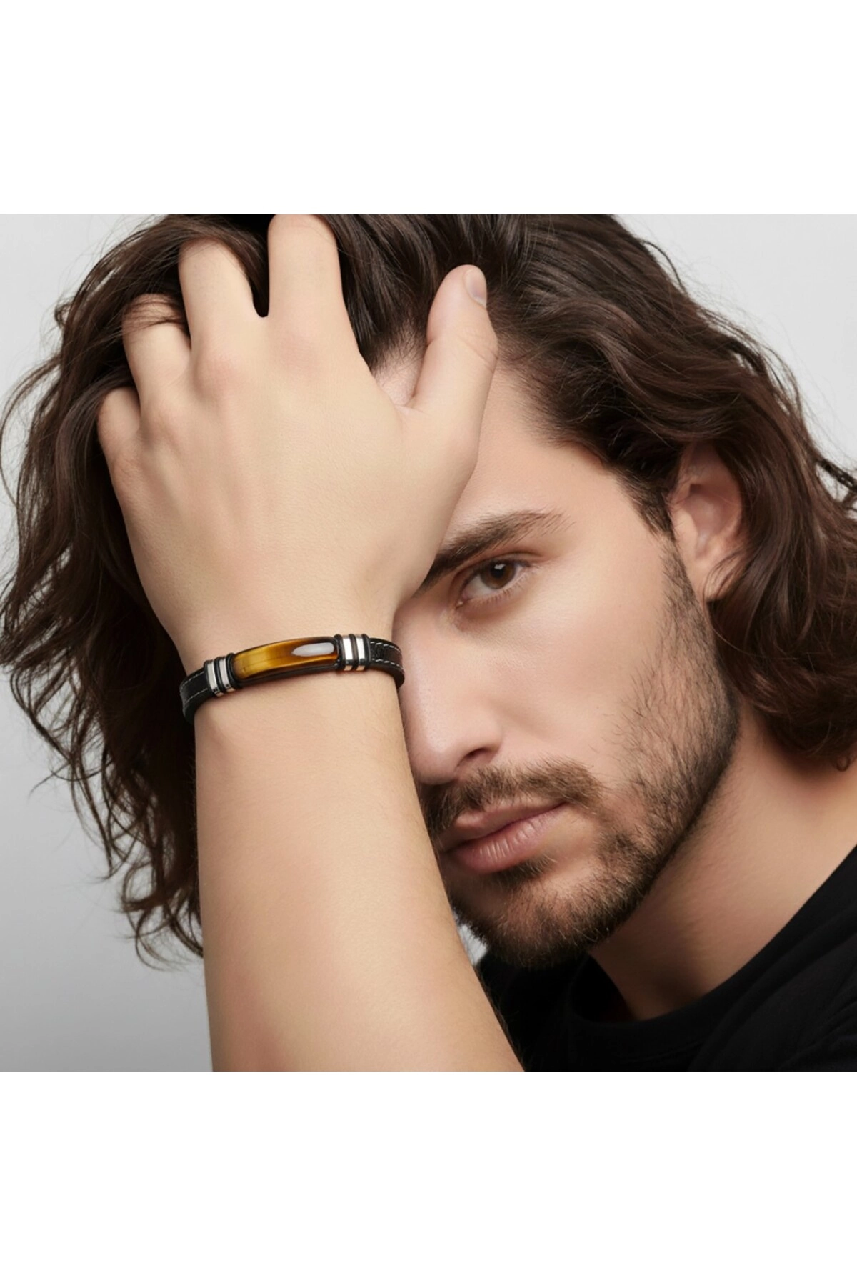 Kaplangözü Taş Deri Kordonlu Titanyum Çelik Erkek Bileklik-1