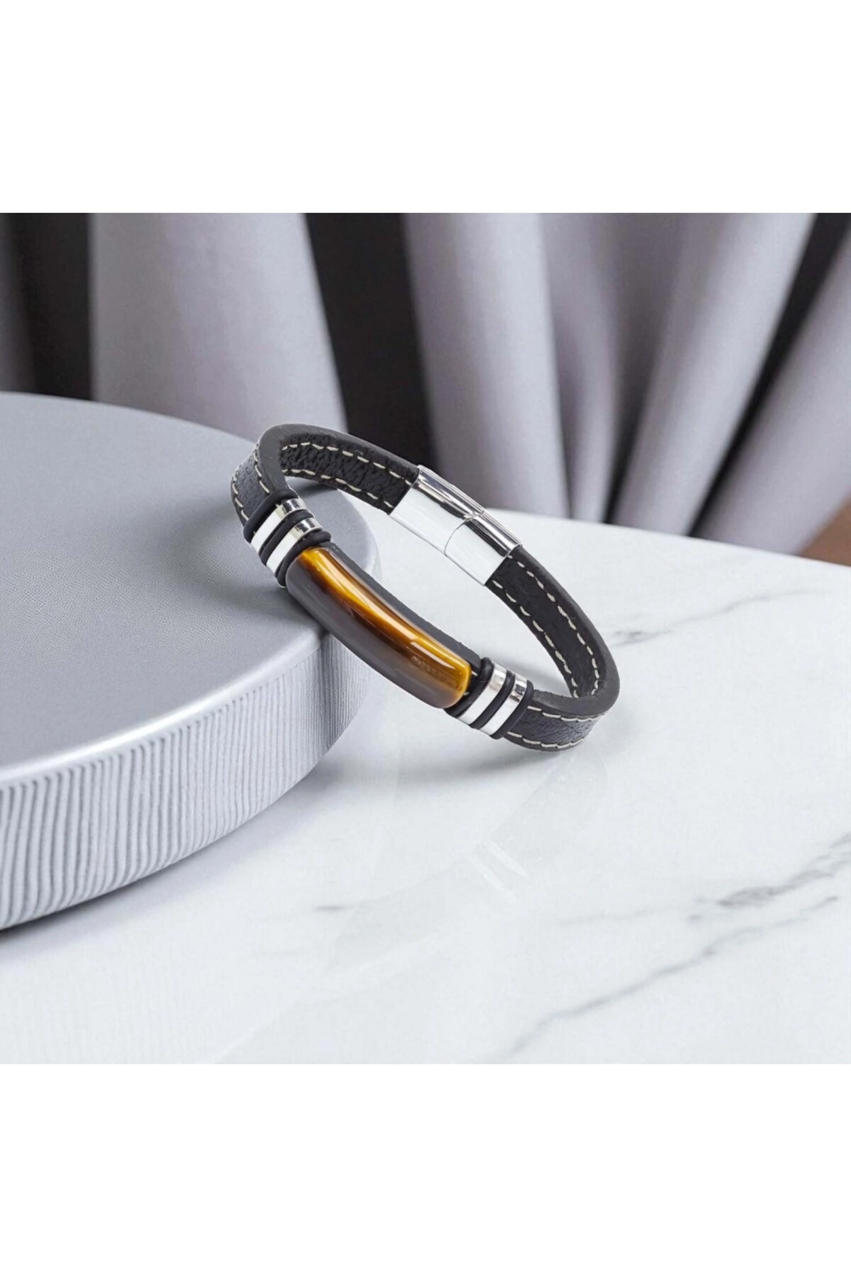 Kaplangözü Taş Deri Kordonlu Titanyum Çelik Erkek Bileklik-3