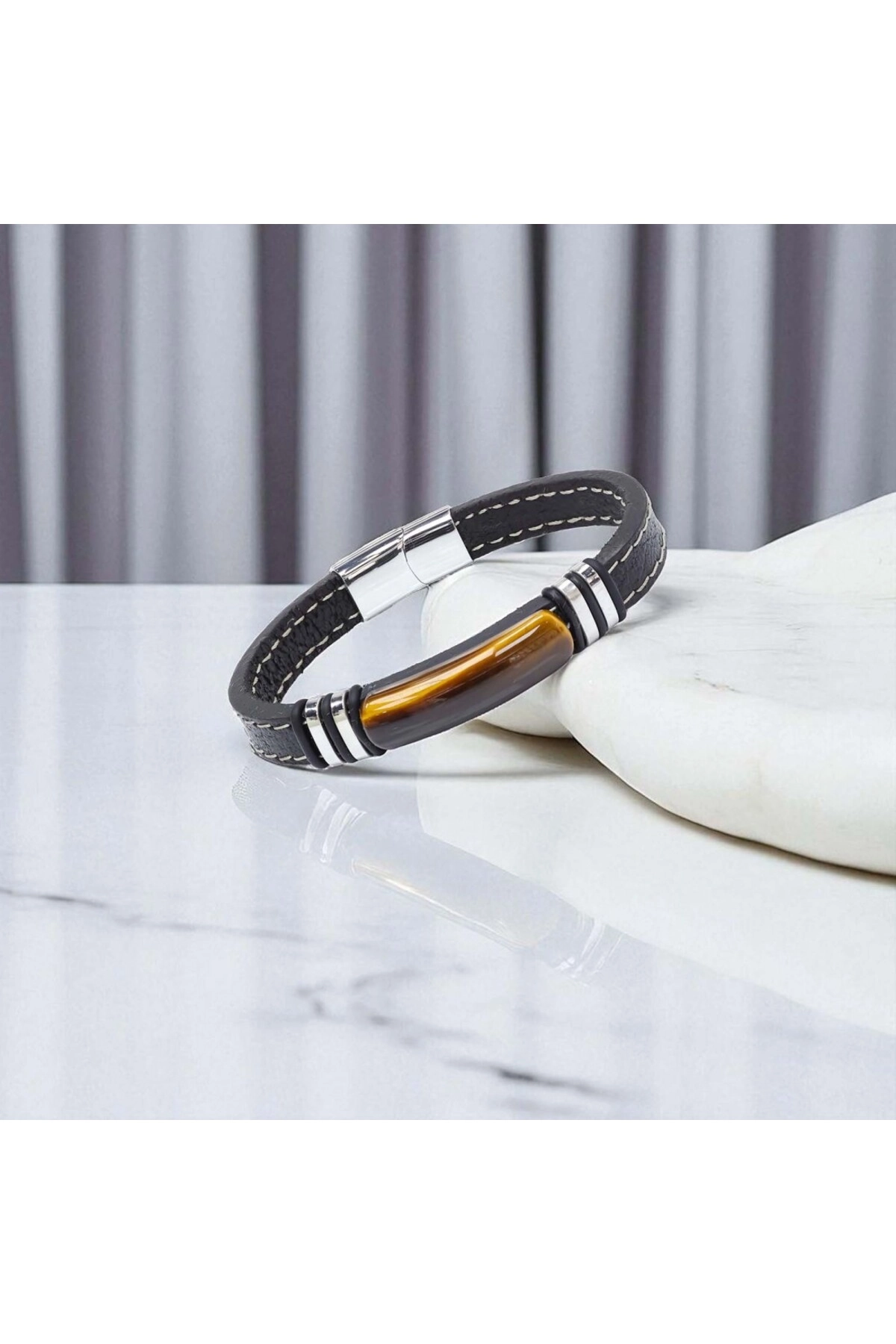 Kaplangözü Taş Deri Kordonlu Titanyum Çelik Erkek Bileklik-2