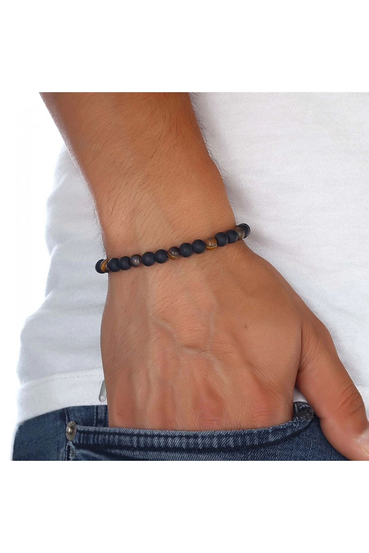 Kaplangözü Ve Oniks Doğal Taşlı Ayarlanabilir Çelik Zincir Bileklik-1