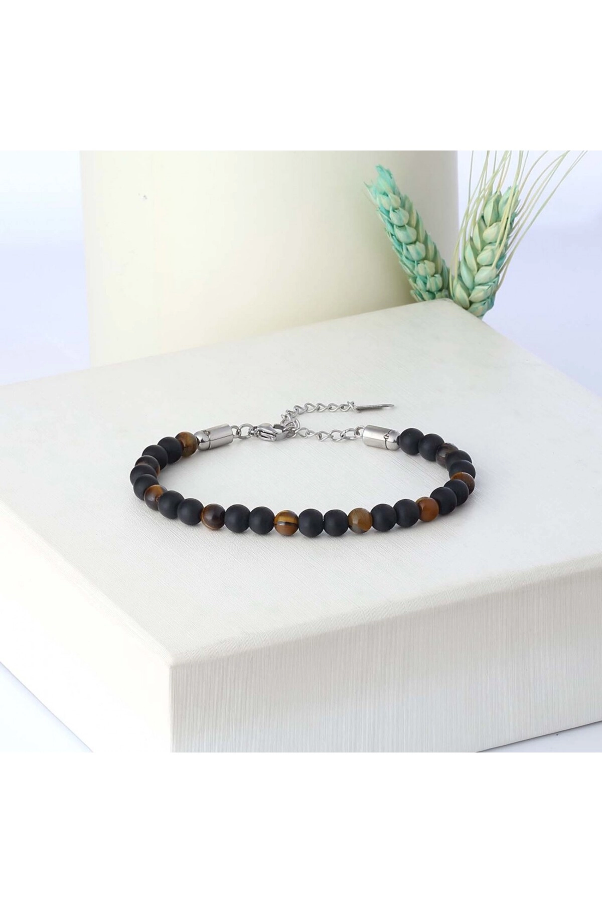 Kaplangözü Ve Oniks Doğal Taşlı Ayarlanabilir Çelik Zincir Bileklik-2