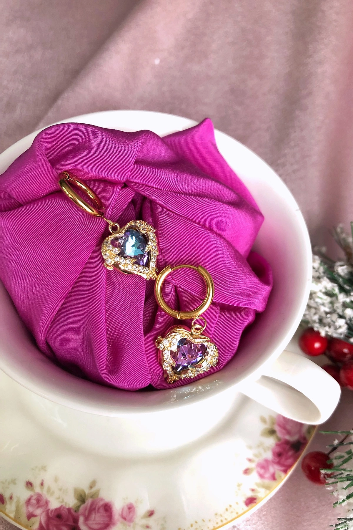 Kararmaz Çelik Anti-alerjik Kalp Renkli Zirkon Taşlı Küpe | 316l Çelik - Kararmaz | Hediye Kadın-1