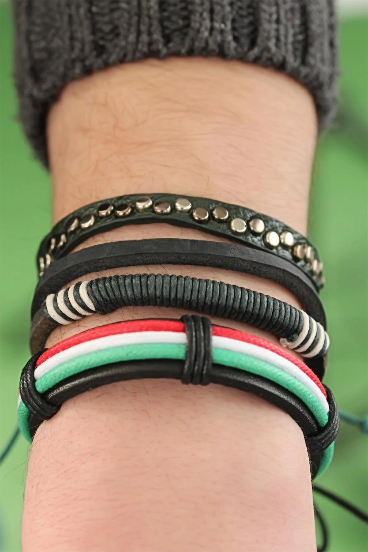 Karışık Renkli Çoklu Deri Erkek Bileklik Kombin-1