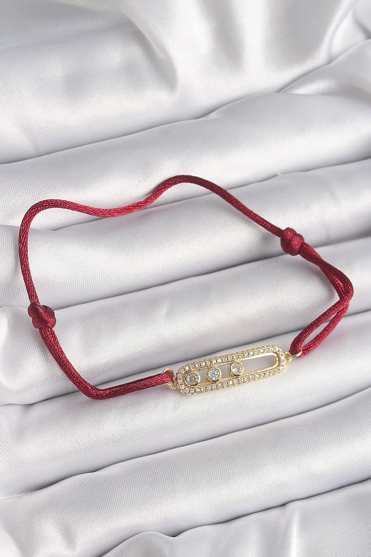 Kırmızı İpli Asansörlü Zirkon Taşlı Gold Messika Model Kadın Bileklik-0