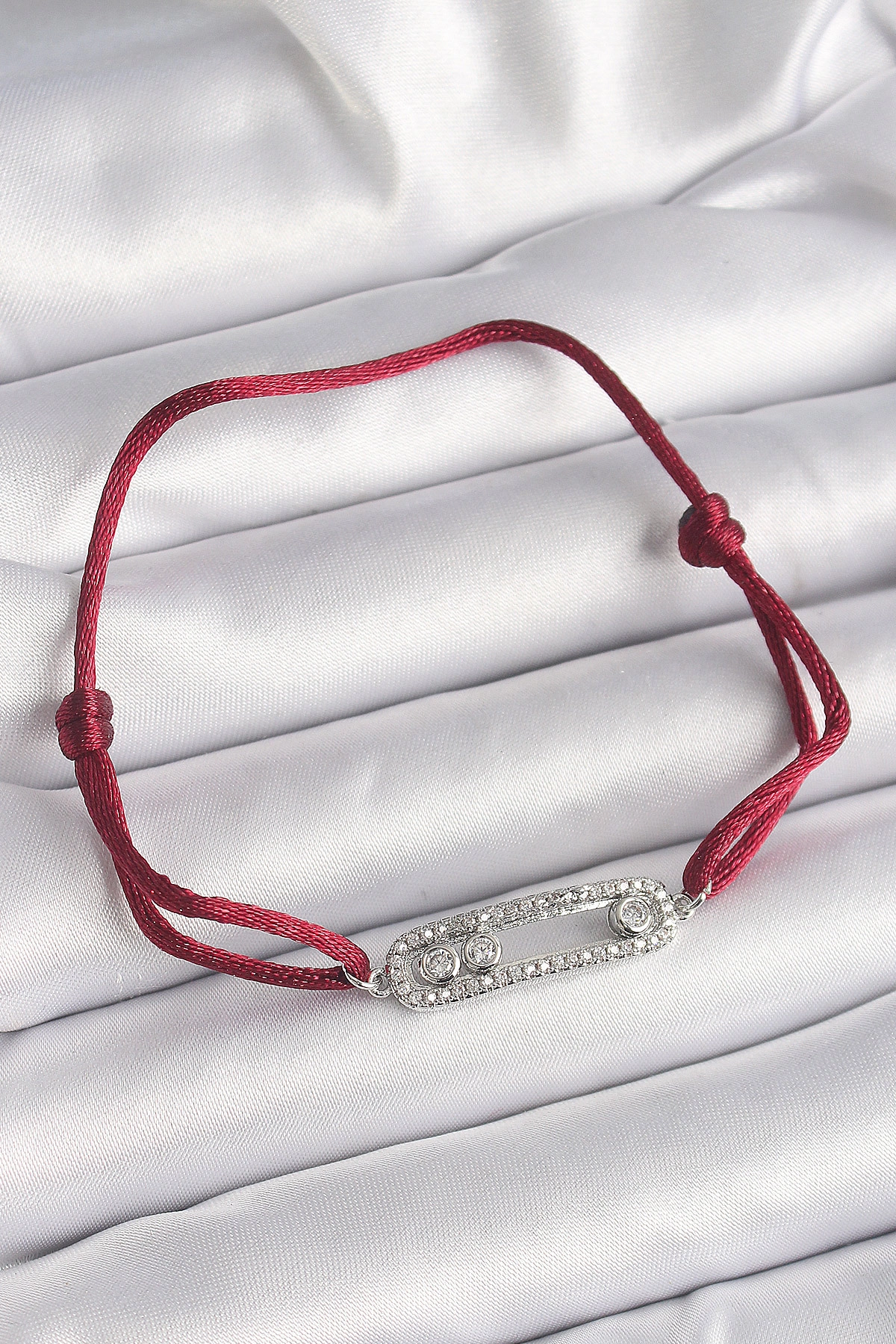 Kırmızı İpli Asansörlü Zirkon Taşlı Gümüş Messika Model Kadın Bileklik-0