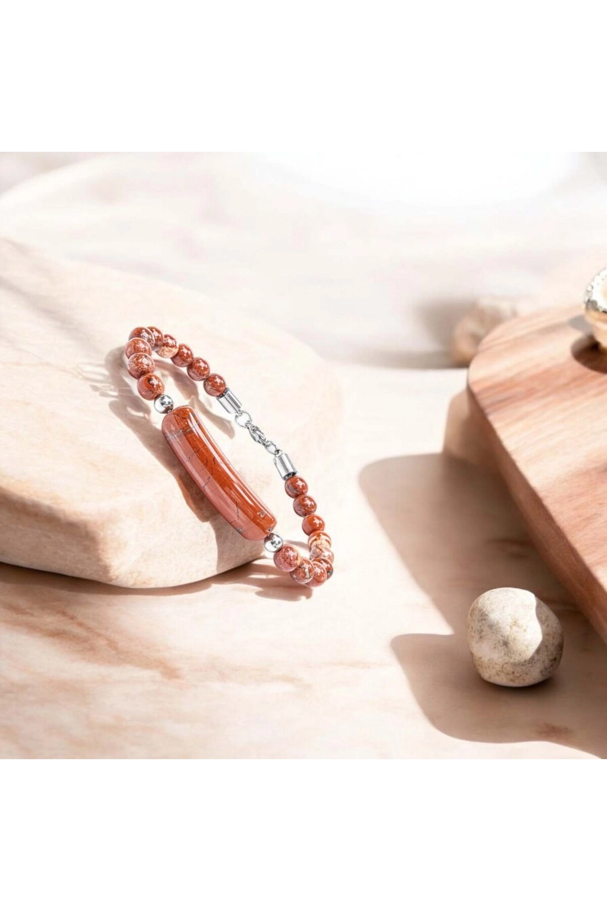 Kırmızı Jasper Doğaltaş Çelik Halat Ve Çelik Klipsli Bileklik-2