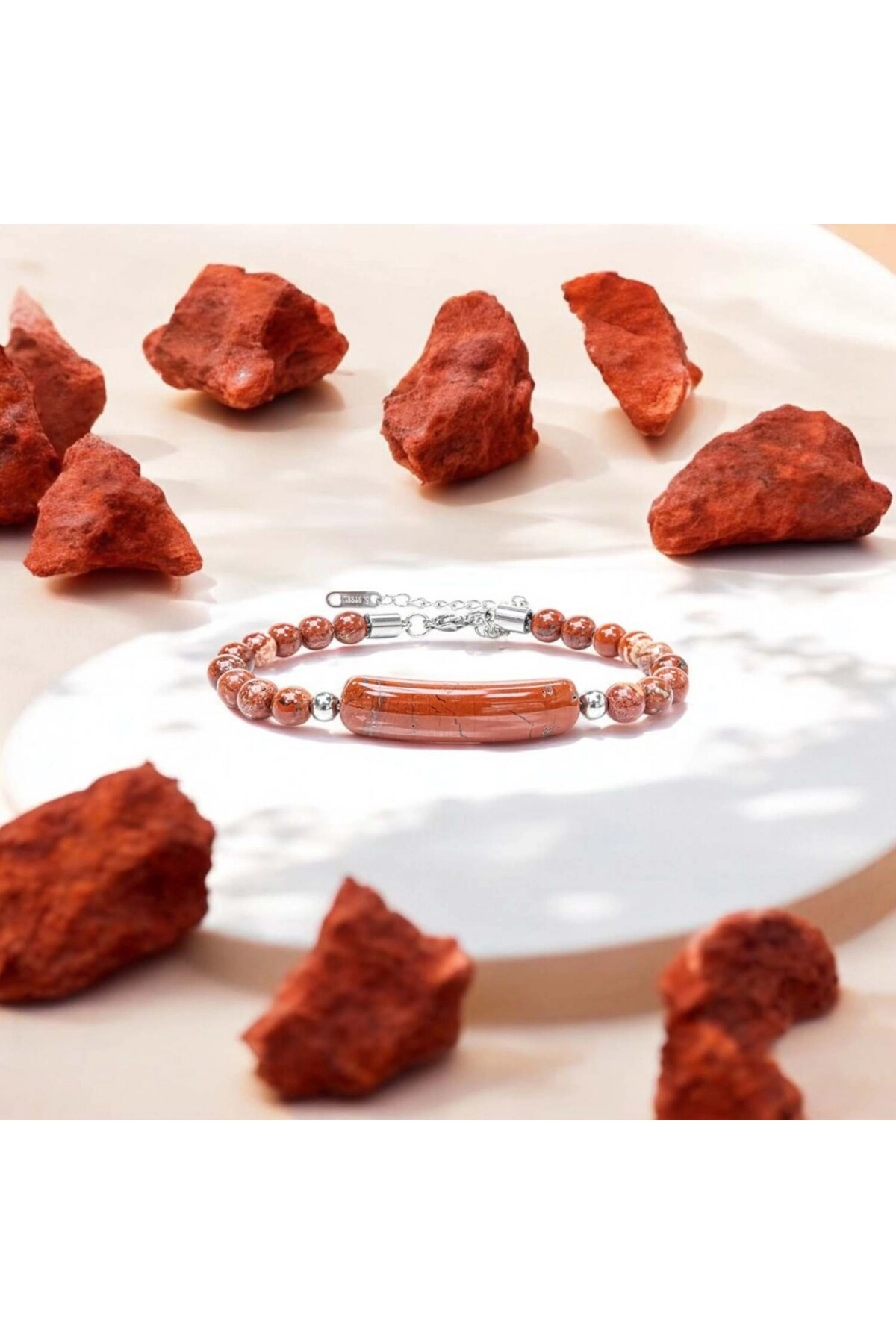 Kırmızı Jasper Doğaltaş Çelik Halat Ve Çelik Klipsli Bileklik-3