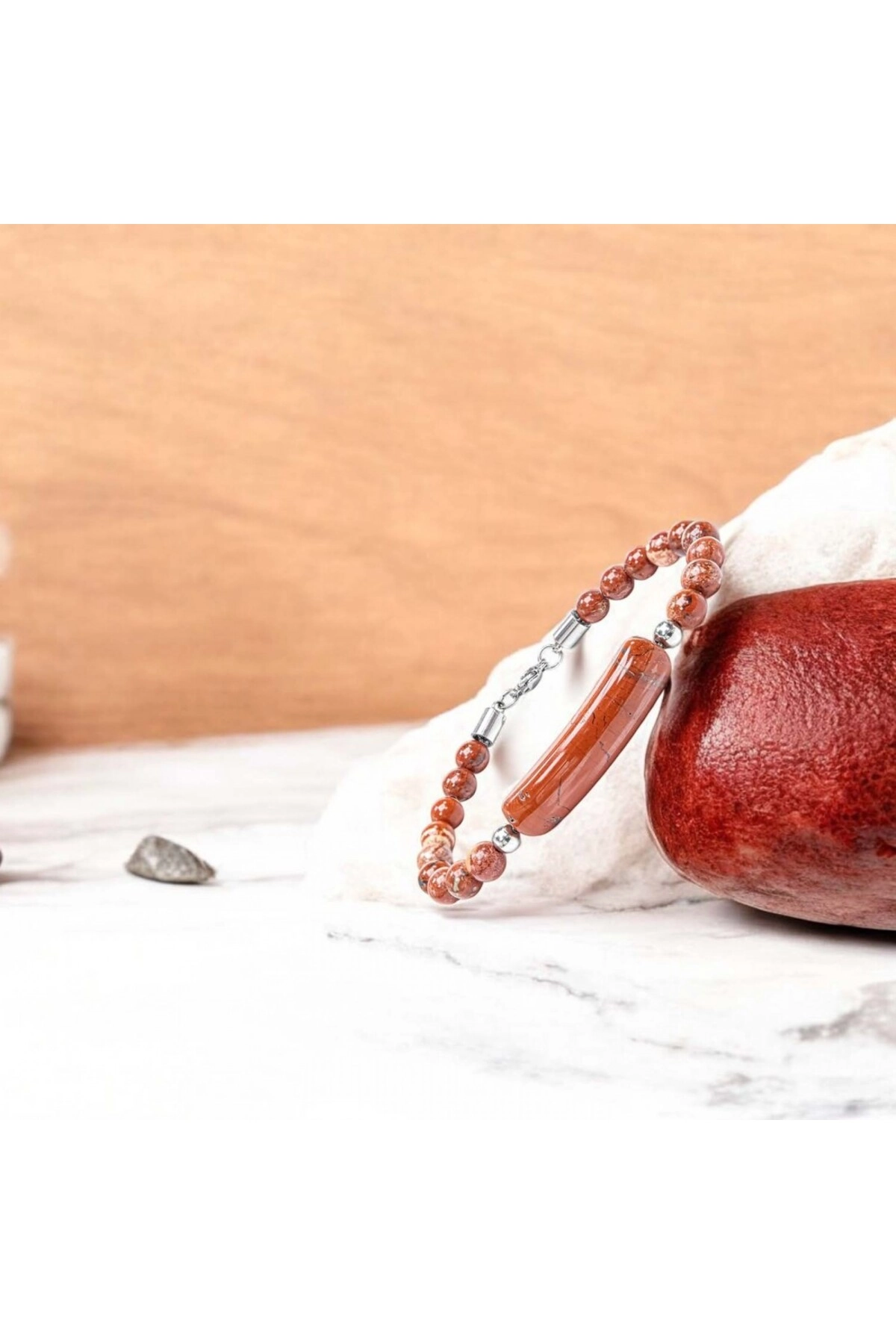 Kırmızı Jasper Doğaltaş Çelik Halat Ve Çelik Klipsli Bileklik-4