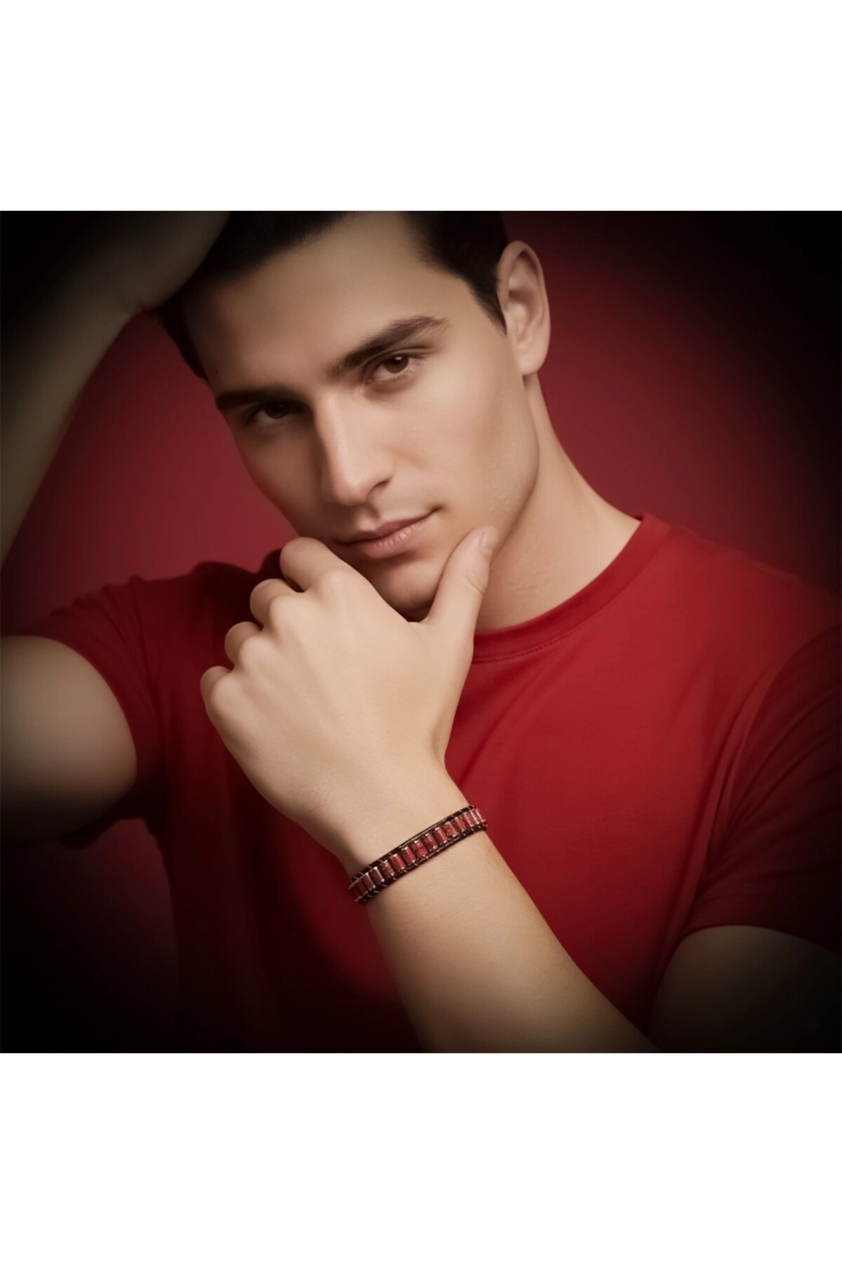 Kırmızı Jasper Hematit Çelik Örgülü Deri Bileklik-1