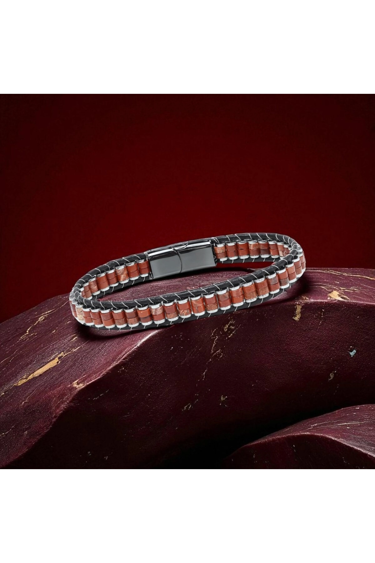 Kırmızı Jasper Hematit Çelik Örgülü Deri Bileklik-2