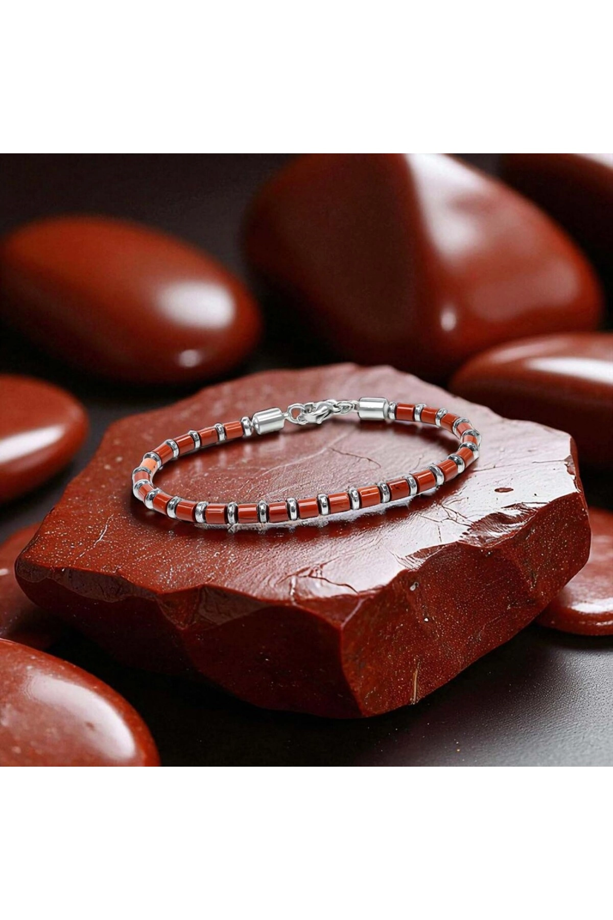 Kırmızı Jasper Silver Hematit Taşlı Ayarlanabilir Çelik Zincir Erkek Bileklik | Yeni Yıl Hediyesi-1