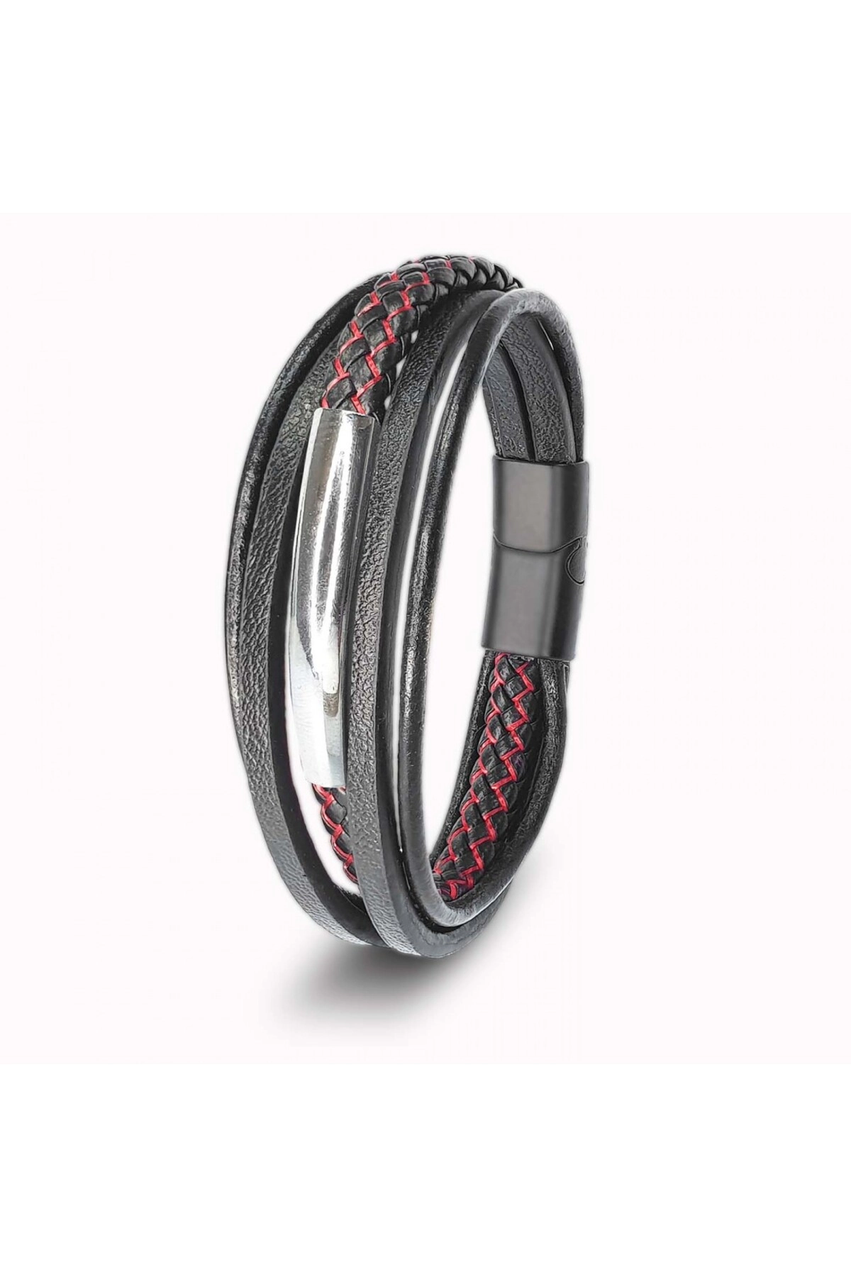 Kırmızı Siyah Çoklu Deri Ve İsim Yazılabilir Çelik Plakalı Bileklik-0