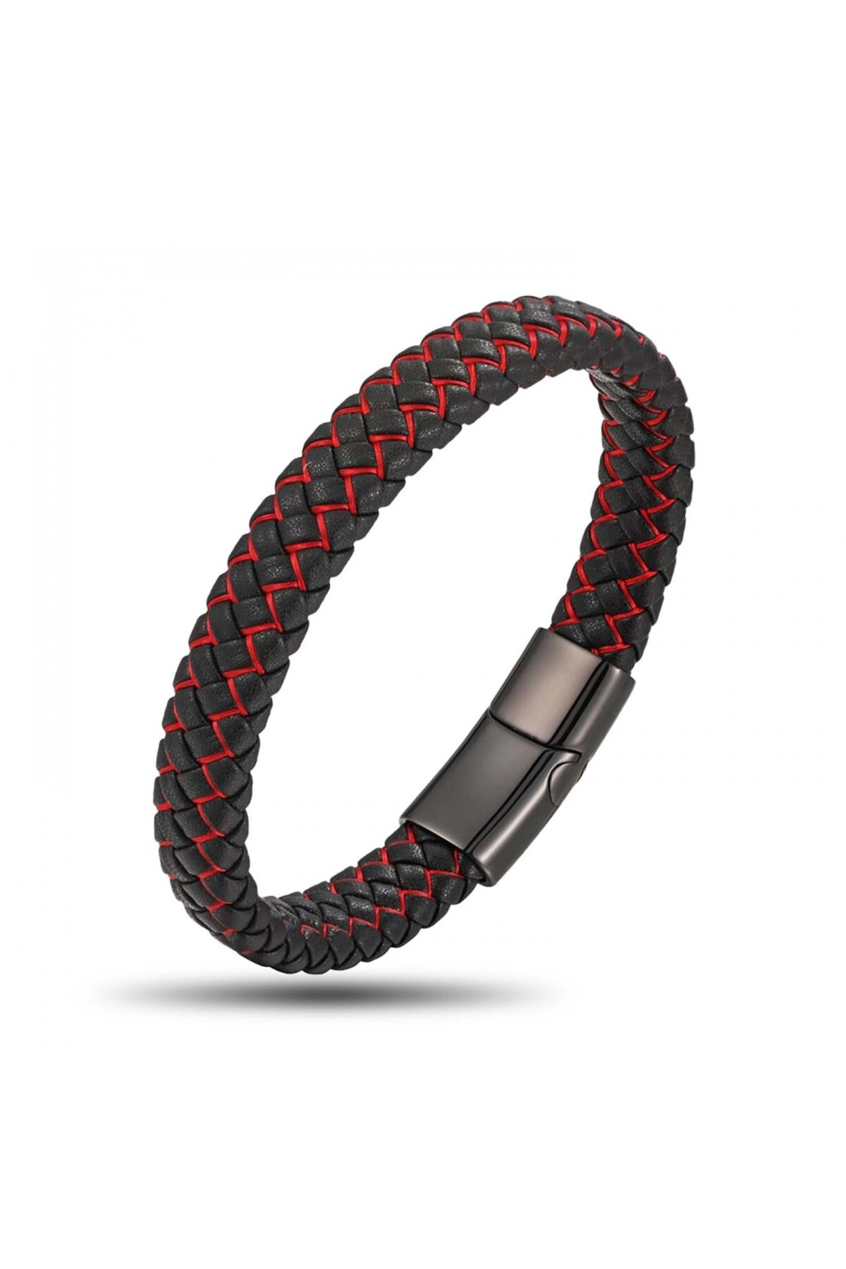 Kırmızı Siyah Deri Örgü Çelik Bileklik-0
