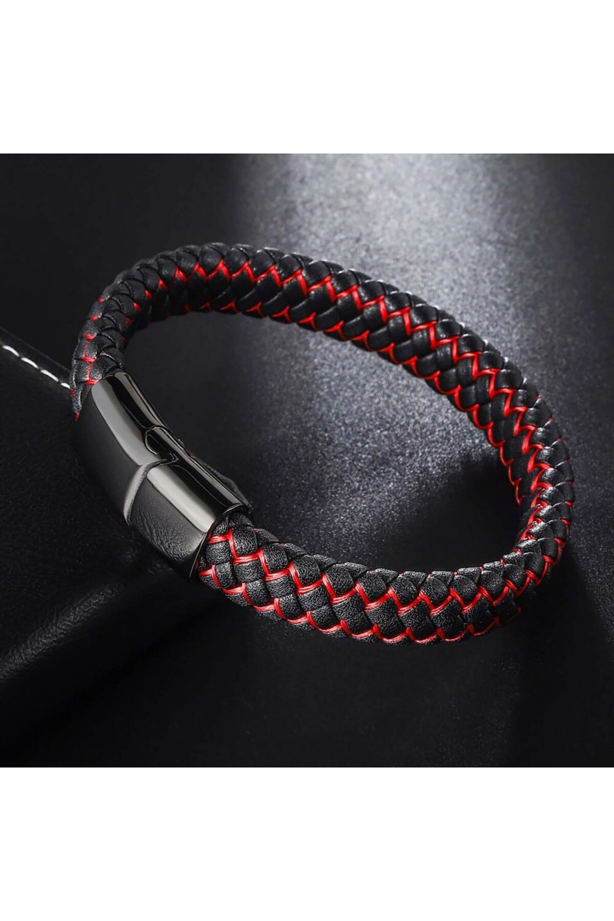 Kırmızı Siyah Deri Örgü Çelik Bileklik-1