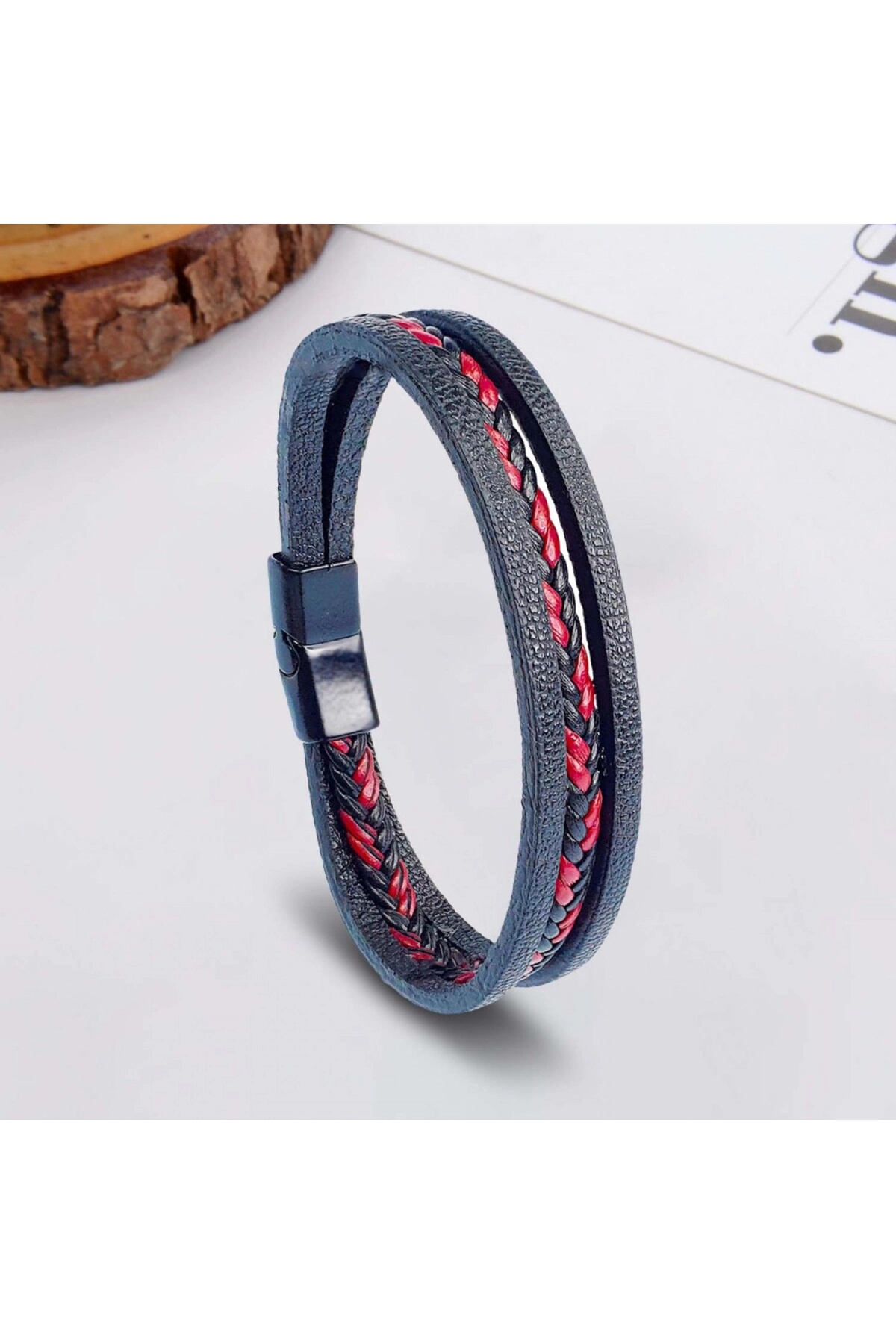 Kırmızı Siyah Saç Örgü Ve Çelik Bileklik-1