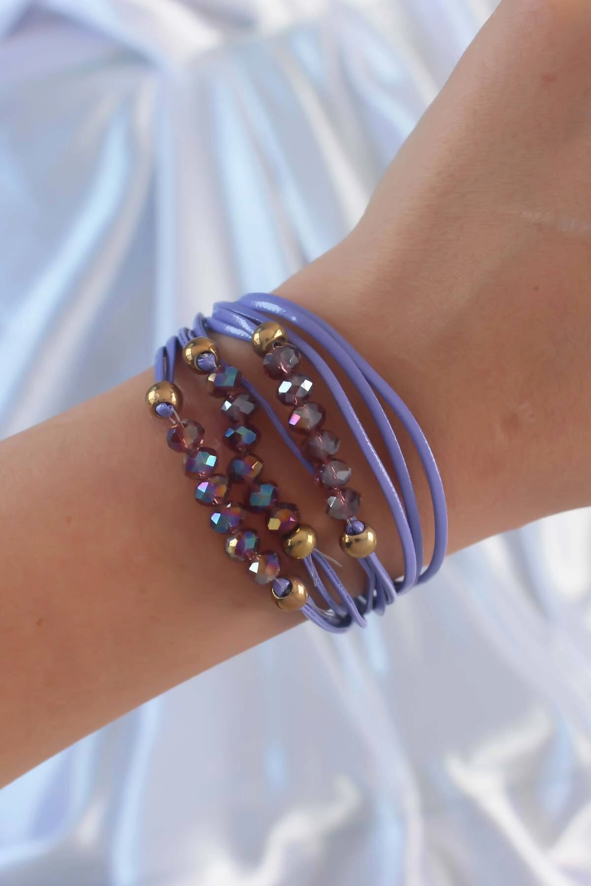 Lila Renk Zirkon Taşlı İpli Çoklu Bileklik-0