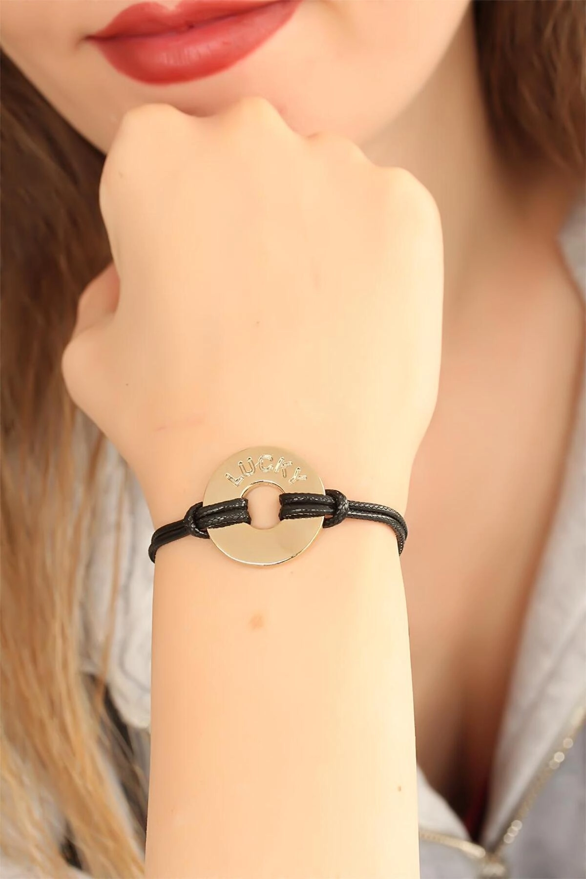 LUCKY (Şanslı) Siyah Deri İpli Unisex Mood Bileklik-0