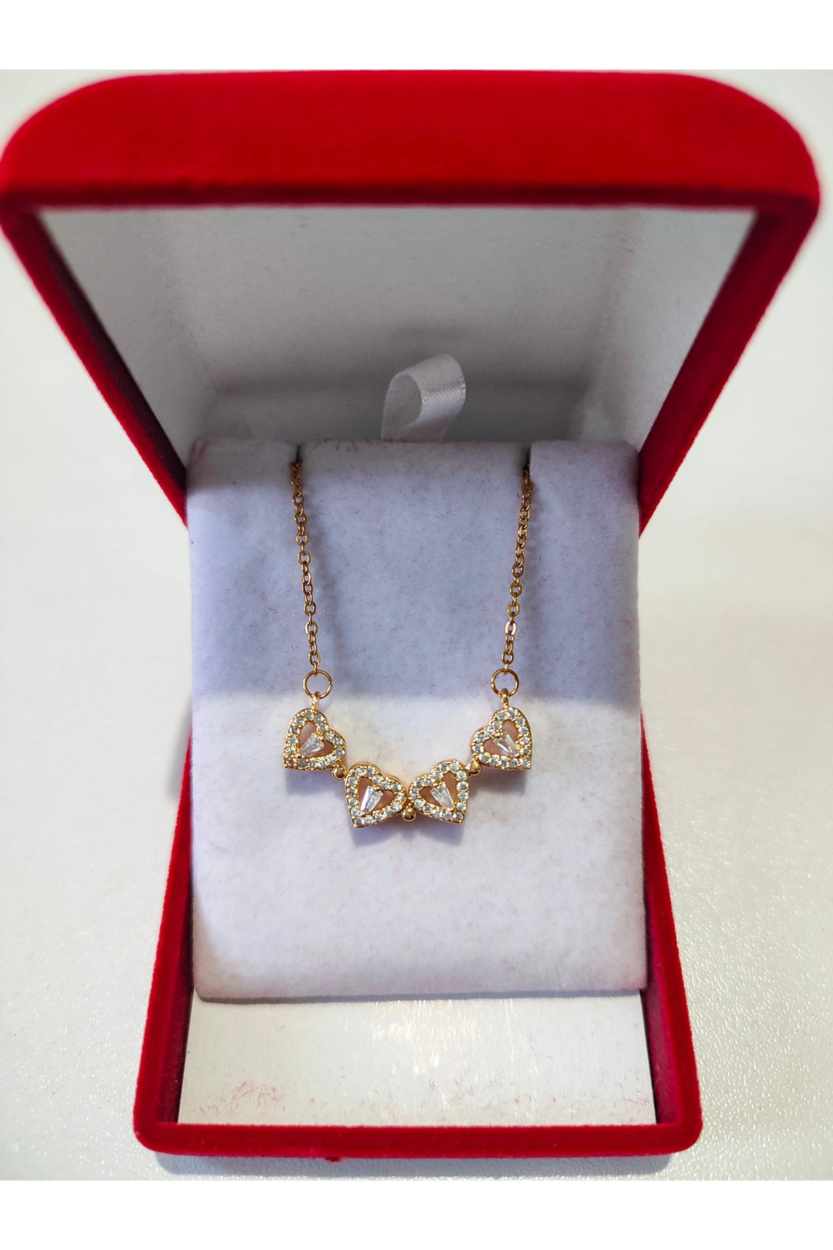 Lüx Kadife Kutuda | 4 Kalpli Yonca Kolye | Mıknatıslı | 316l Çelik - Kararmaz | Hediye Kadın-3