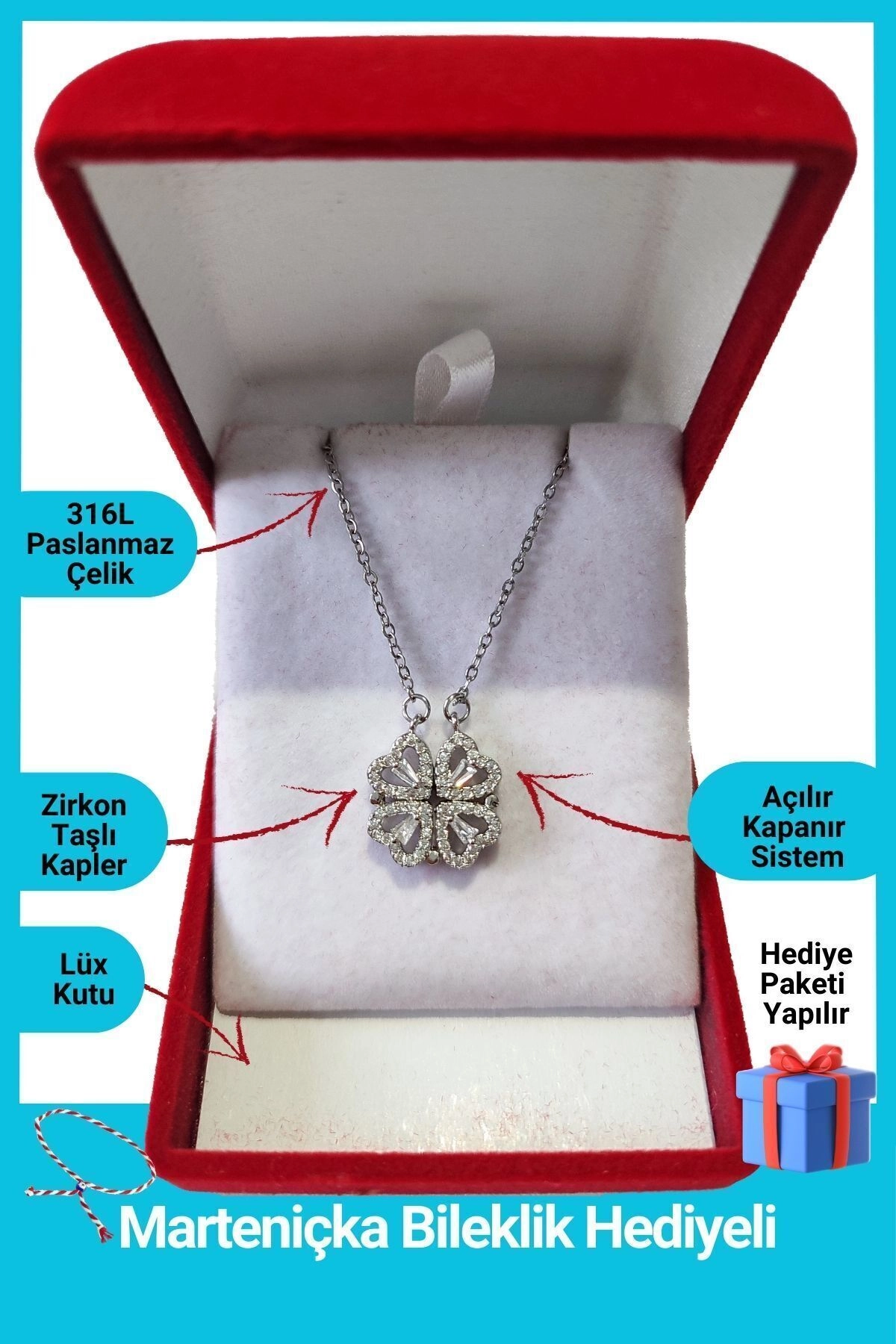 Lüx Kadife Kutuda | 4 Kalpli Yonca Kolye | Mıknatıslı | 316l Çelik - Kararmaz | Hediye Kadın-0