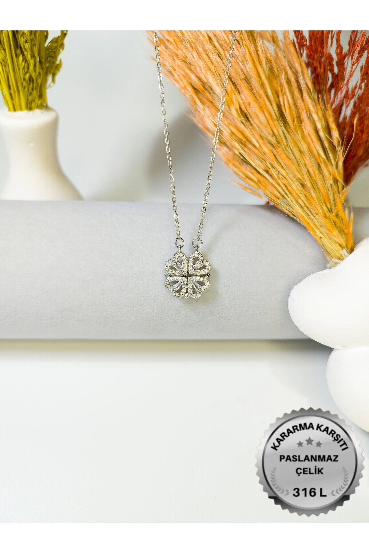 Lüx Kadife Kutuda | 4 Kalpli Yonca Kolye | Mıknatıslı | 316l Çelik - Kararmaz | Hediye Kadın-4
