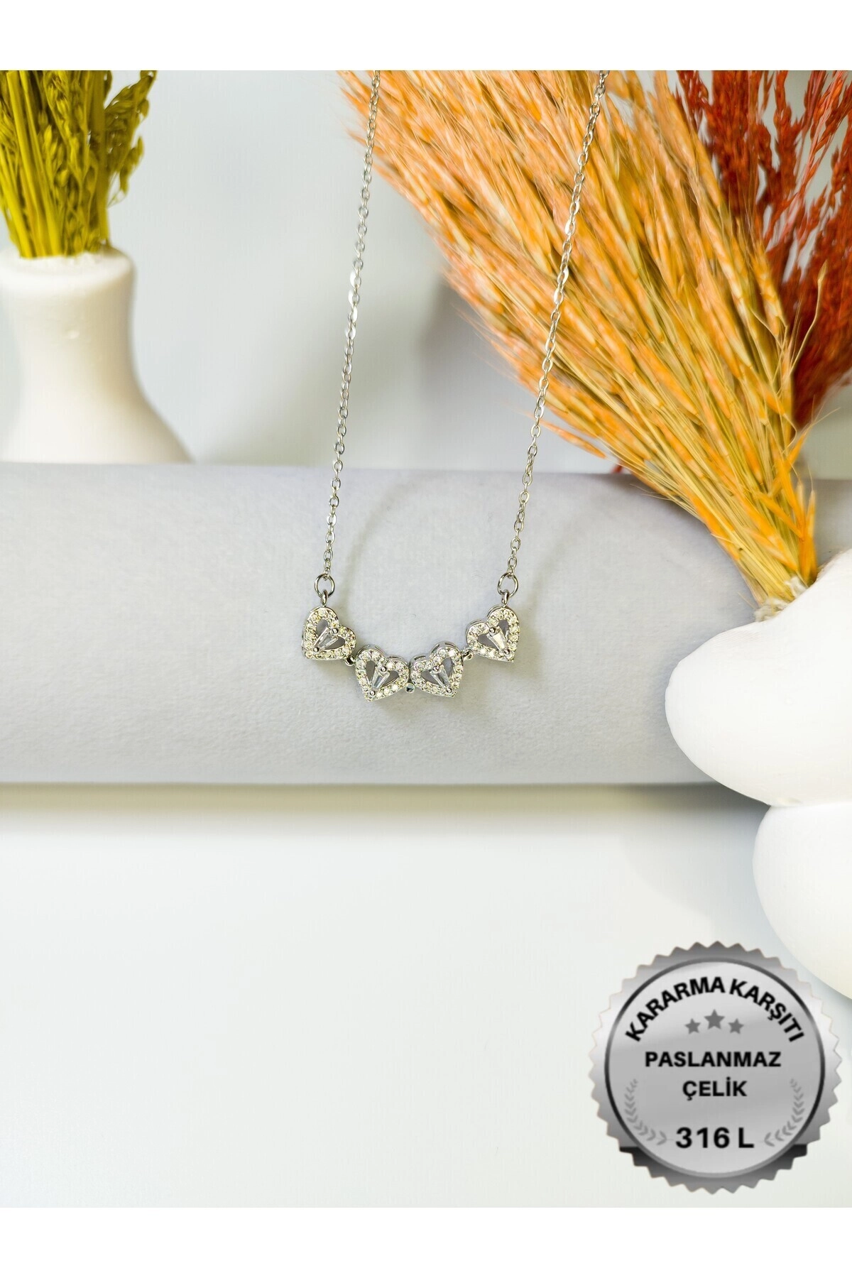 Lüx Kadife Kutuda | 4 Kalpli Yonca Kolye | Mıknatıslı | 316l Çelik - Kararmaz | Hediye Kadın-5